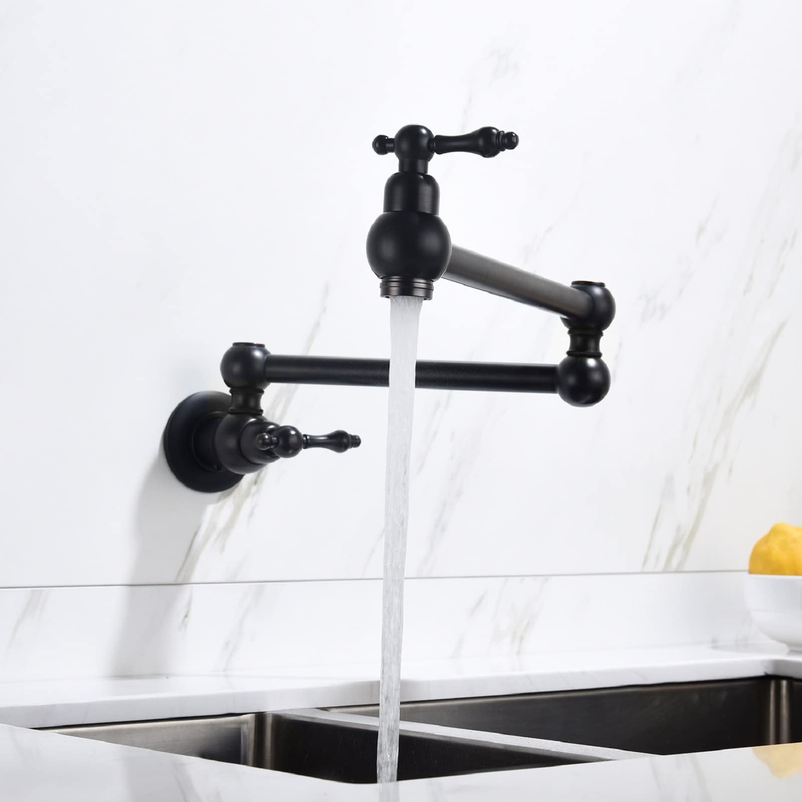 CHZWYT Stainless Steel Pot Filler Faucet - Wall Mount Commercial Kitchen Sink Faucet with Folding Stretchable Swing Arm, Double Joint NPT Matte Black - Perfect for Restaurant & Home Kitchen Use