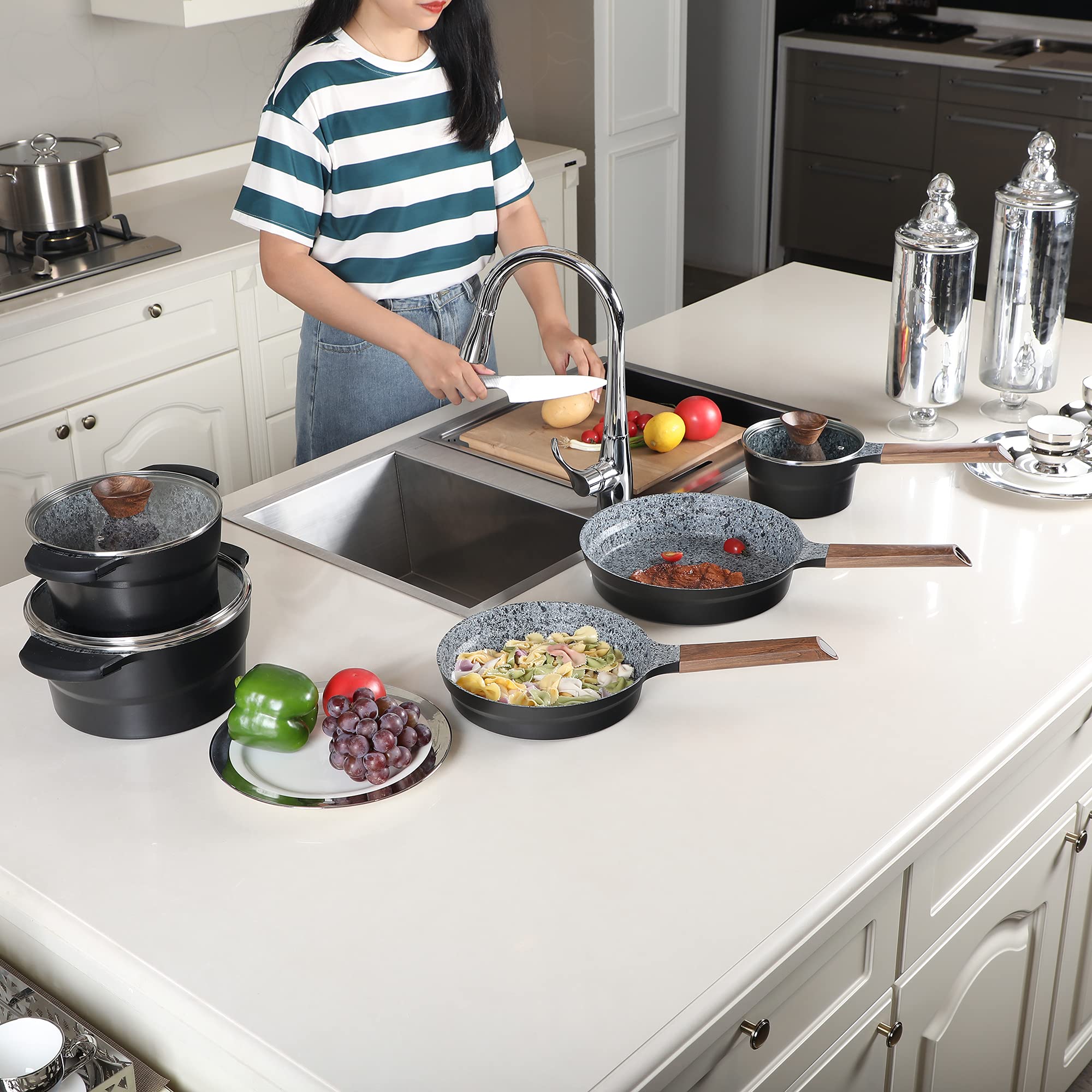 MAISON ARTS 12-Piece Nonstick Granite Cookware Set - Induction Compatible Pots and Pans for Sauteing, Frying & Boiling | Perfect for Gas, Electric & Ceramic Stovetops | Dishwasher Safe Kitchen Essentials
