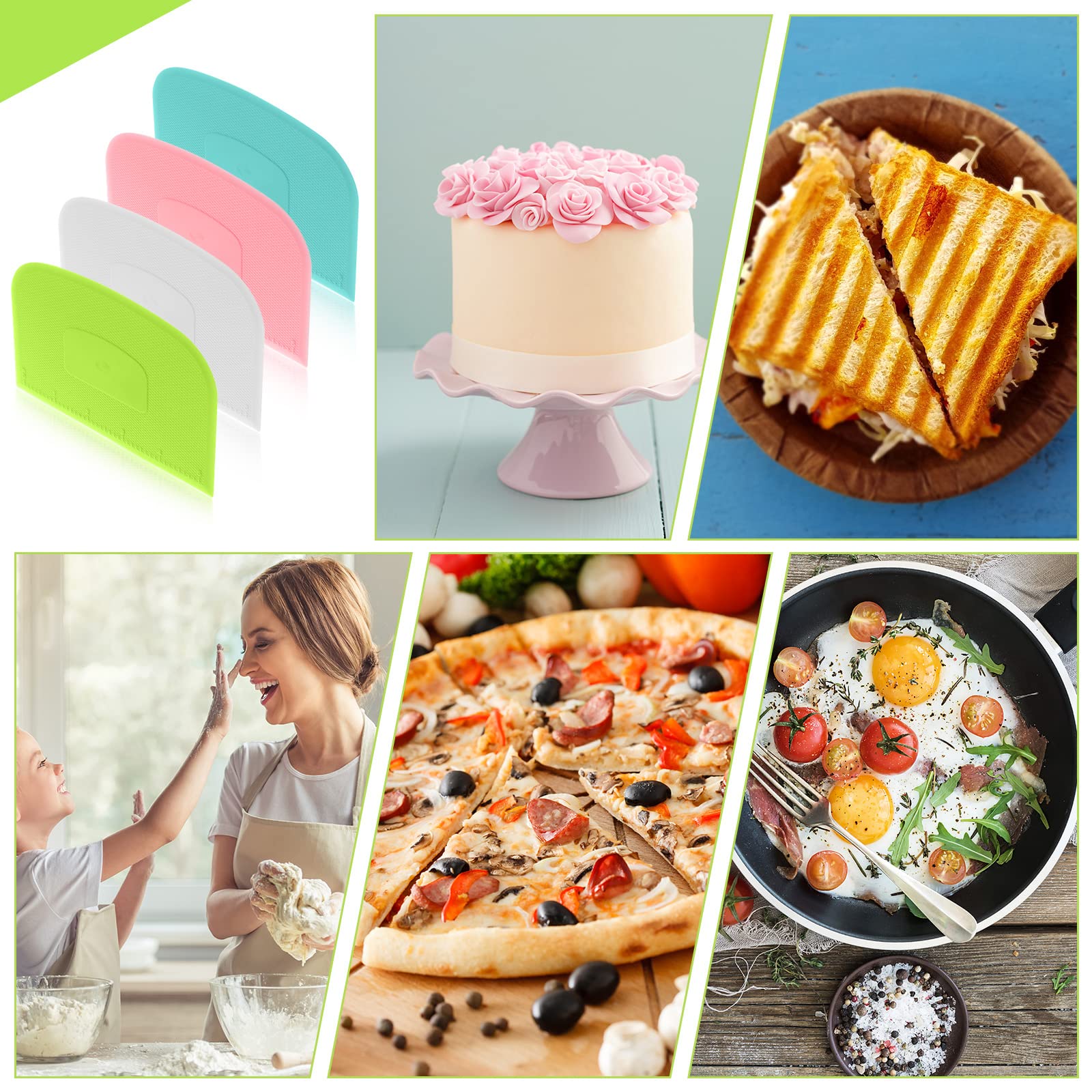 4-Piece Flexible Plastic Dough Scraper Set - Multi-Purpose Bowl Scraper & Food Cutter for Baking Bread, Cake, Fondant Icing (White, Green, Blue, Pink) - Perfect for Home Bakers & Professional Kitchens