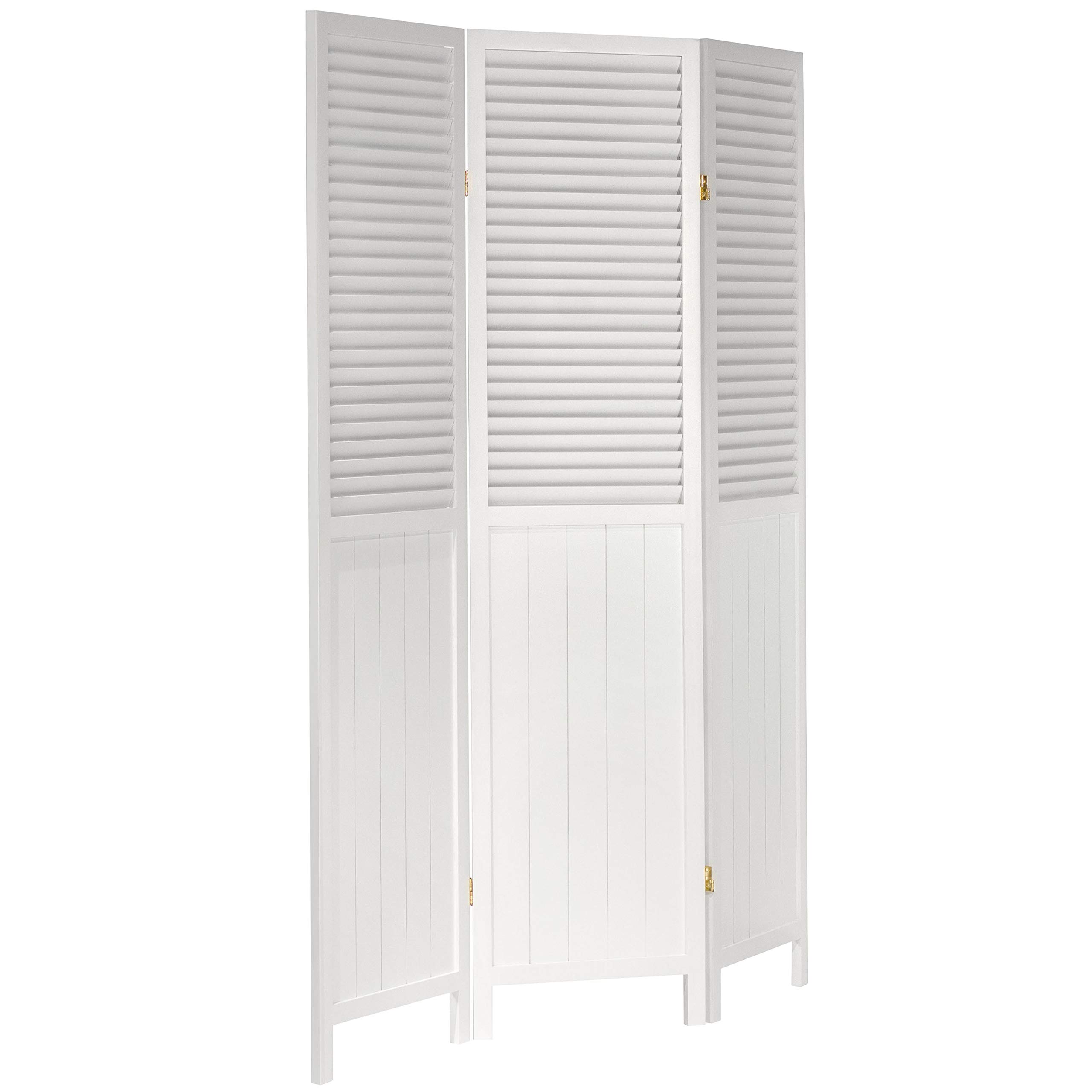 6 ft. Tall White Louvered Beadboard Room Divider - 3 Panel Folding Privacy Screen for Home Office, Bedroom & Living Room | Red Lantern Decorative Partition