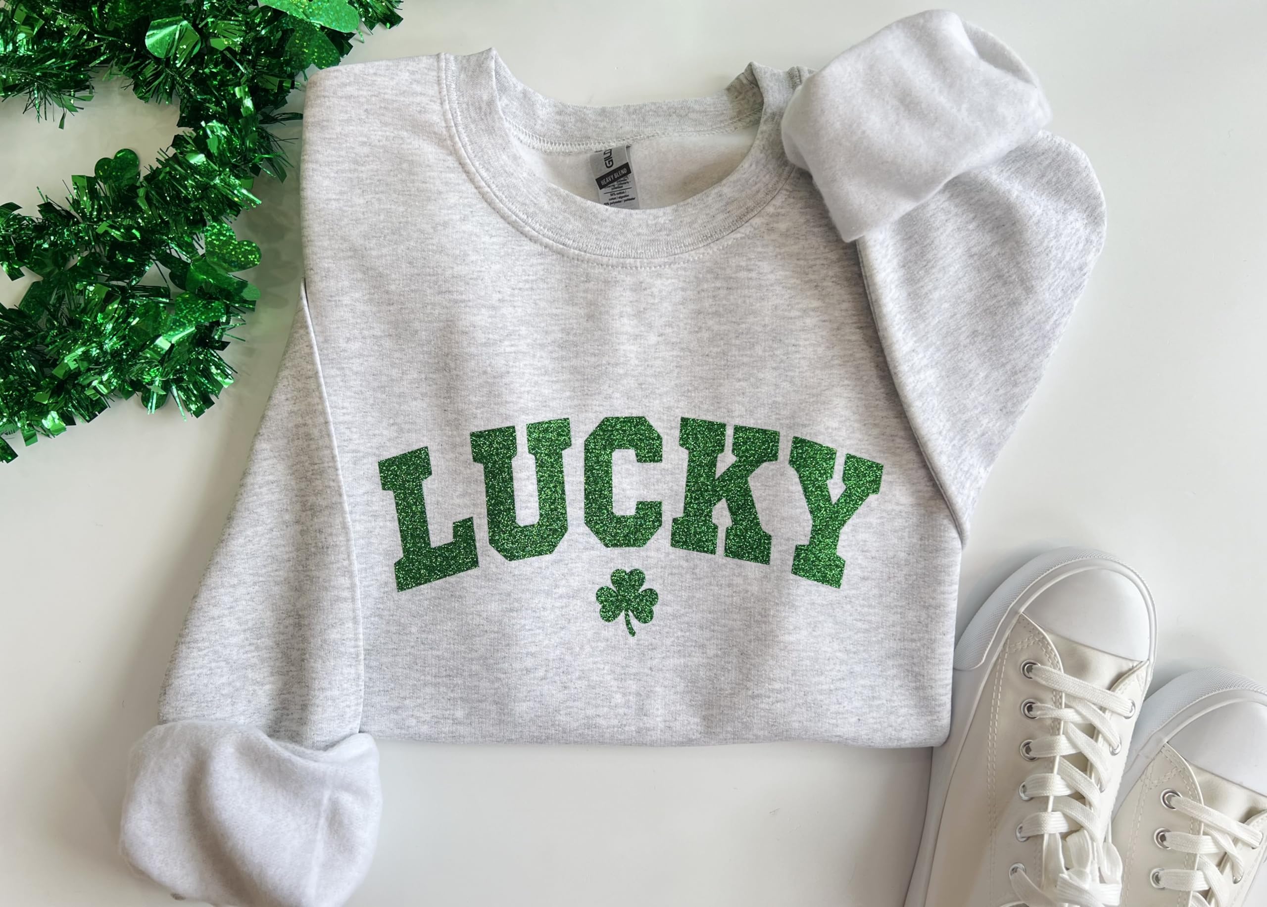 Up2ournecksinfabric Glitter St Patrick's Day Sweatshirt - Lucky Green Shamrock Graphic Pullover for Women | Perfect for St Patty's Day Parties, Parades & Irish-Themed Events