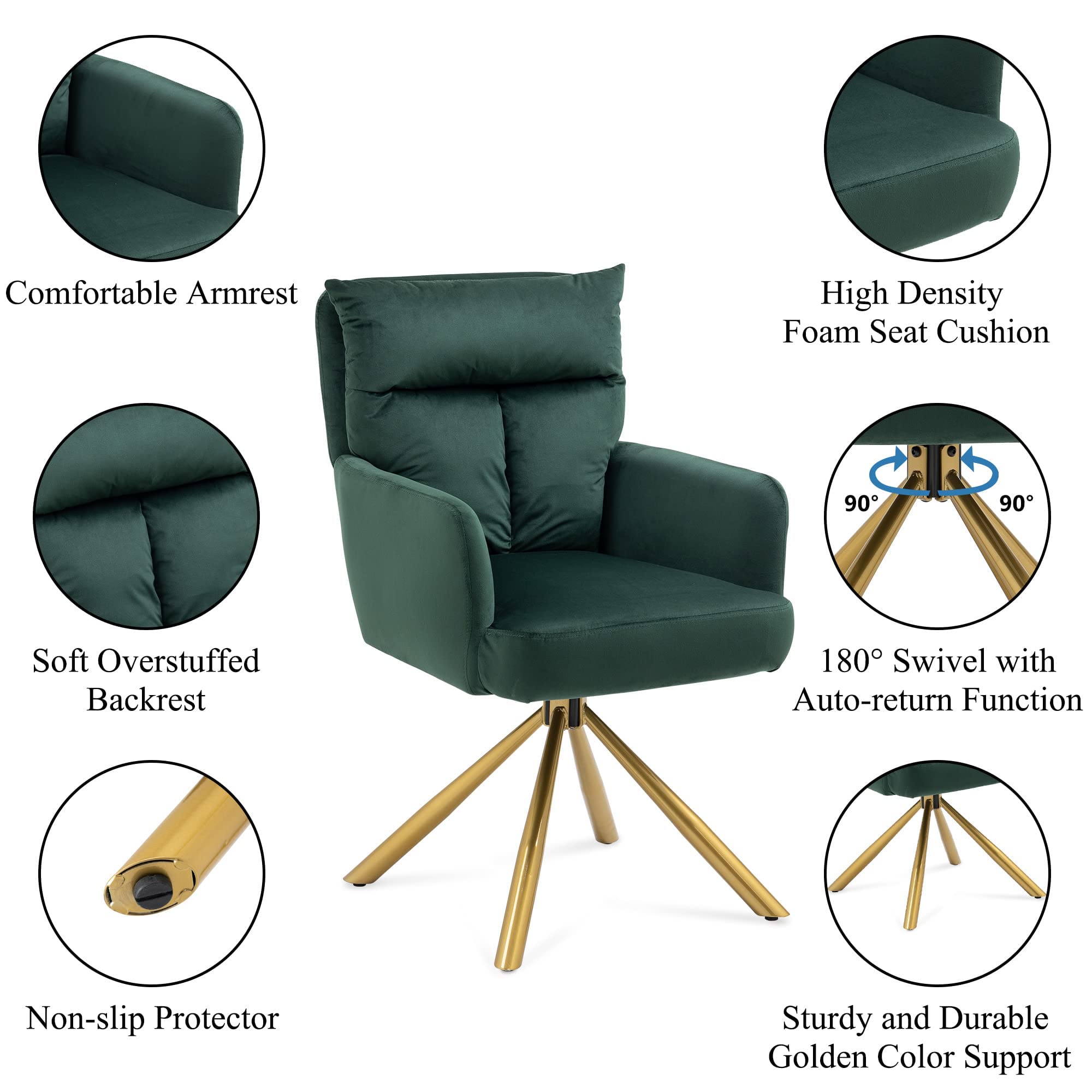 180° Swivel Velvet Armchair with Gold Legs - Modern Living Room Accent Chair for Apartment, Reading Nook & Lounge - Comfortable Green Upholstered Recliner for Relaxing, Reading & Entertaining