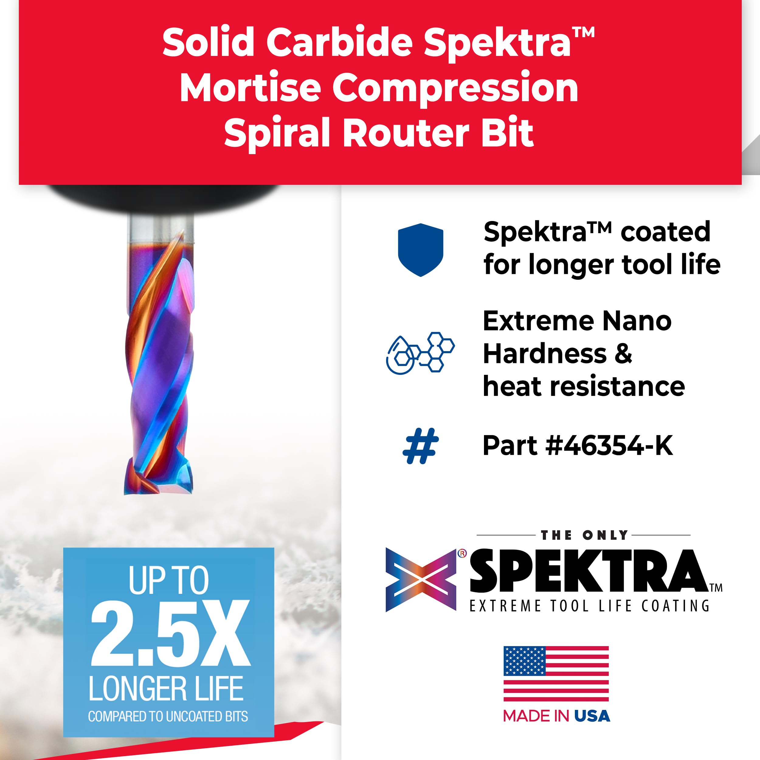 Amana Tool 46354-K CNC Solid Carbide Spektra Extreme Tool Life Coated Mortise Compression Router Bit - Perfect for Woodworking, Cabinetry, and Precision CNC Cutting
