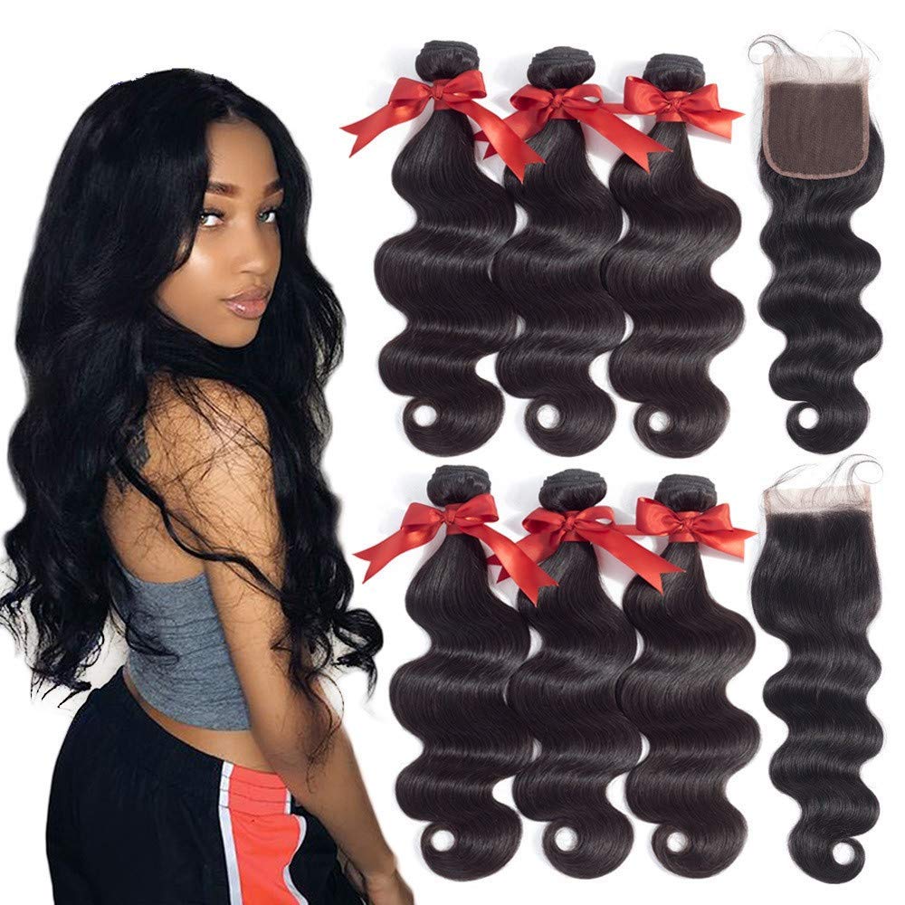 Brazilian Virgin Human Hair Bundles with 4x4 Lace Closure - Unprocessed Body Wave Hair Extensions (26