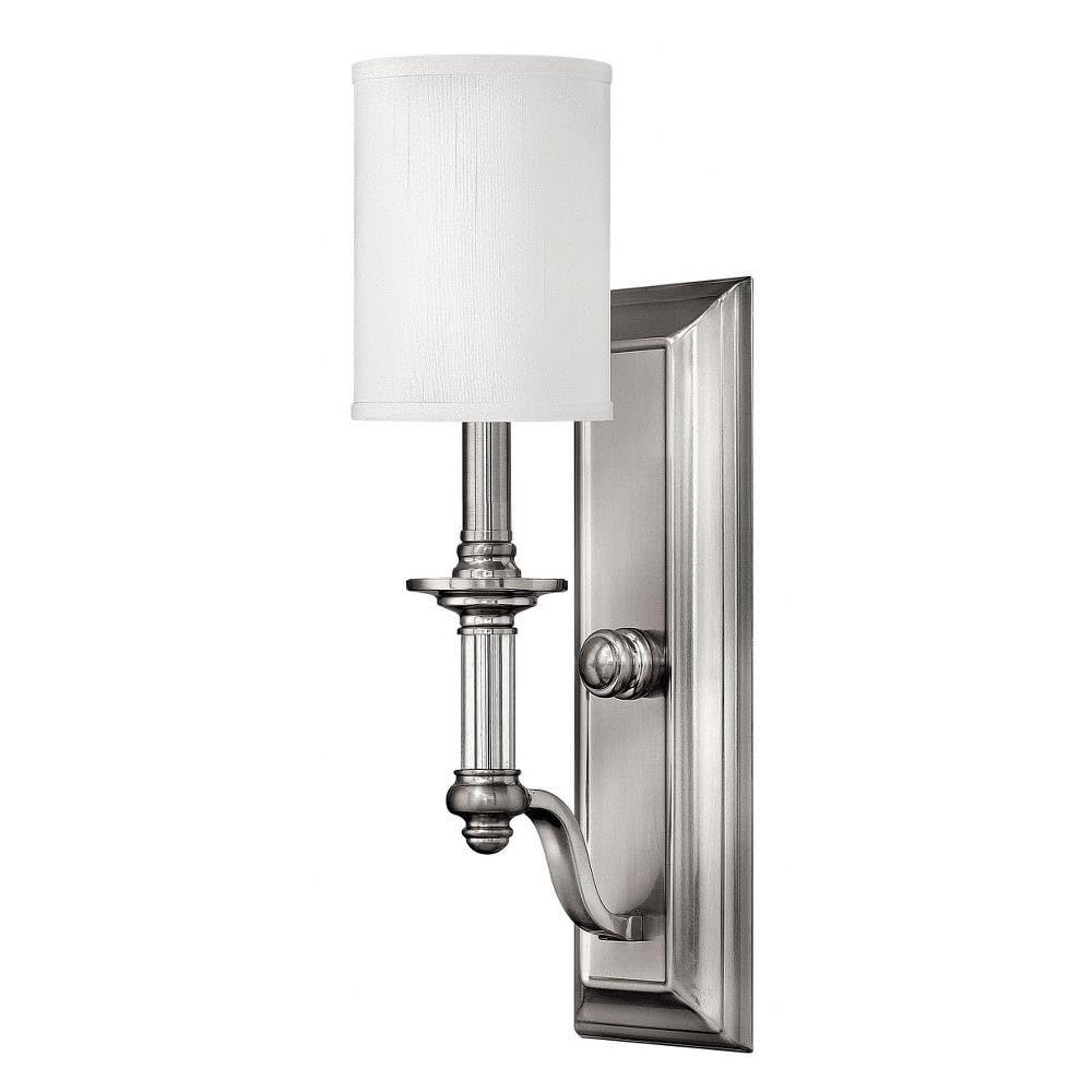 18 Inch Traditional Metal Wall Sconce with White Fabric Shade - Brushed Nickel Finish - 4.75 Inches Wide - Classic Interior Lighting for Bedroom, Hallway & Living Room