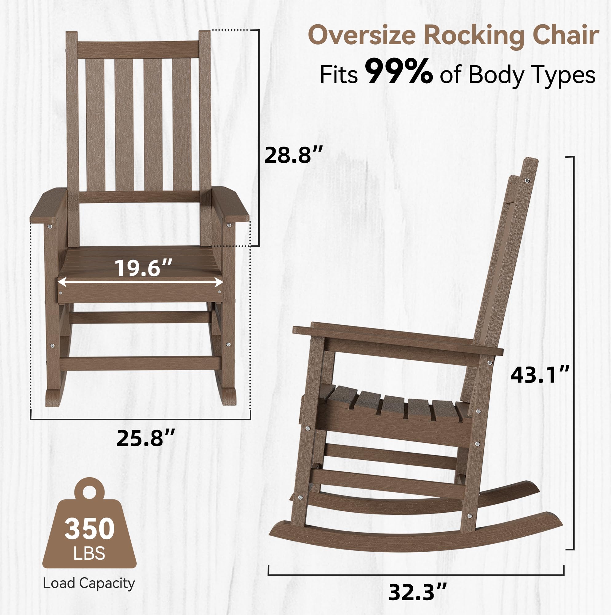 EFURDEN Outdoor Rocking Chair - Heavy Duty HDPE Rocking Chair with Extra Wide Seat & High Back Support - Weatherproof & Fade Resistant Patio Rocker - Perfect for Porch, Deck, Garden & Backyard Relaxation (Brown)