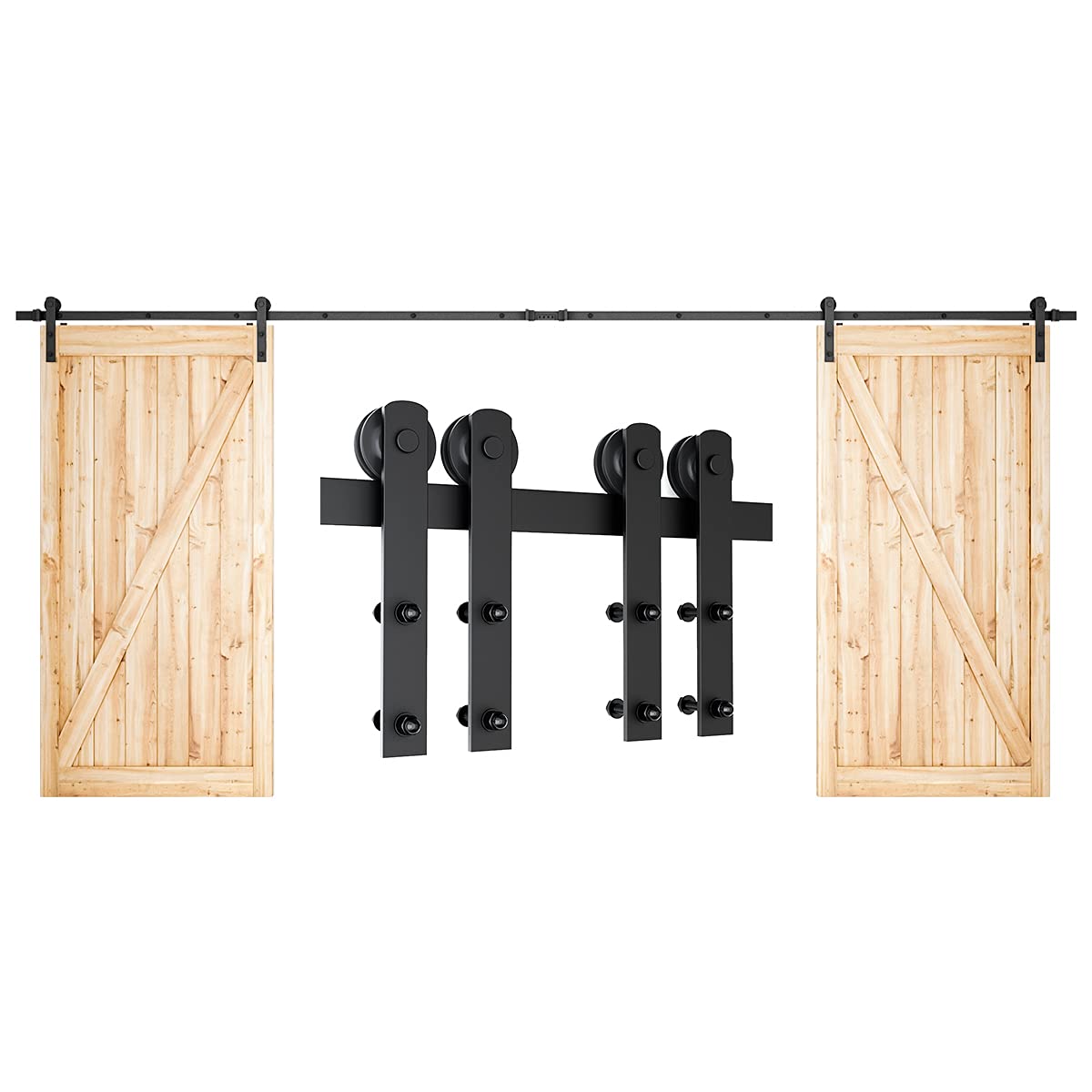 SMARTSTANDARD 16FT Heavy Duty Double Door Sliding Barn Door Hardware Kit - Smooth Quiet Gliding, Easy DIY Installation with Instructions - Fits 48