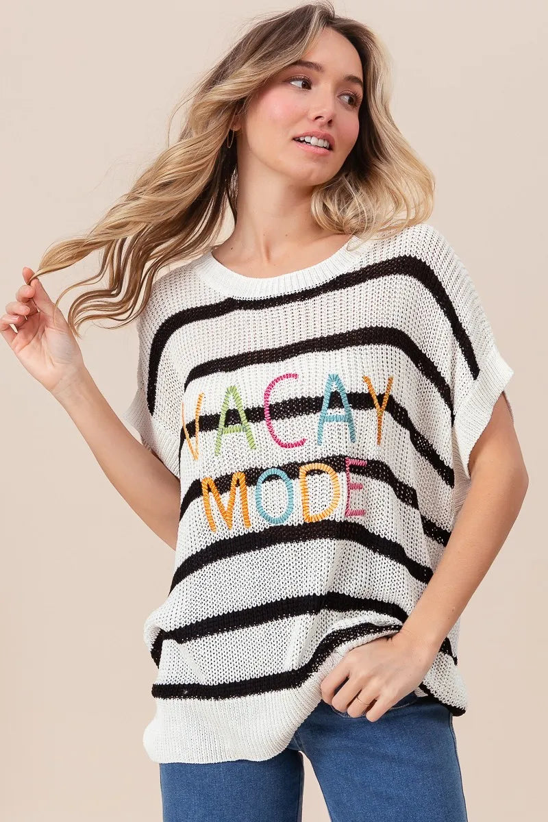 BiBi Vacay Mode Lettering Drop Shoulder Striped Sweater - Women's Casual Oversized Pullover for Beach Vacation, Travel & Cozy Fall Outfits