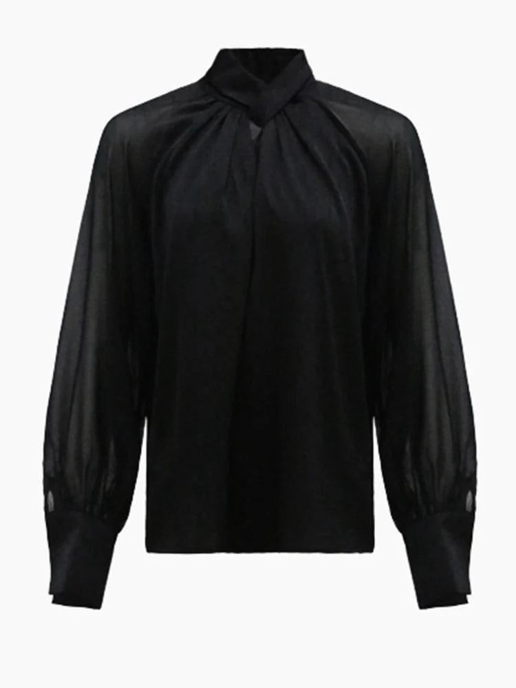 Women's Black Stand Collar Loose Long Sleeve Blouse with Cut Out Detail - Casual Solid Pullover Top for Fall Fashion | Perfect for Office Wear, Date Nights & Autumn Layering