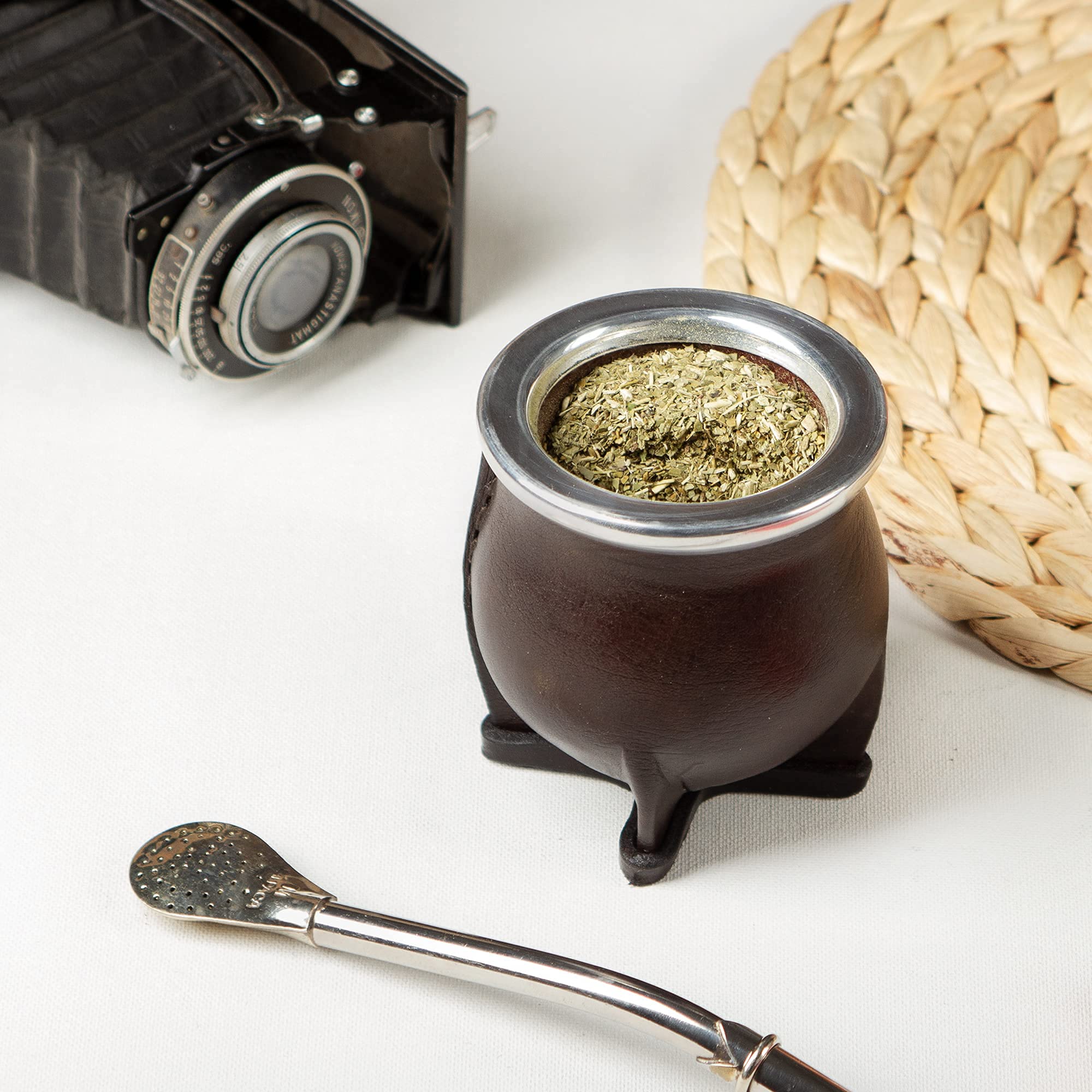 Premium Yerba Mate Cup Set - Handmade Ceramic & Leather - German Silver Straw - Perfect for Travel & Office Use