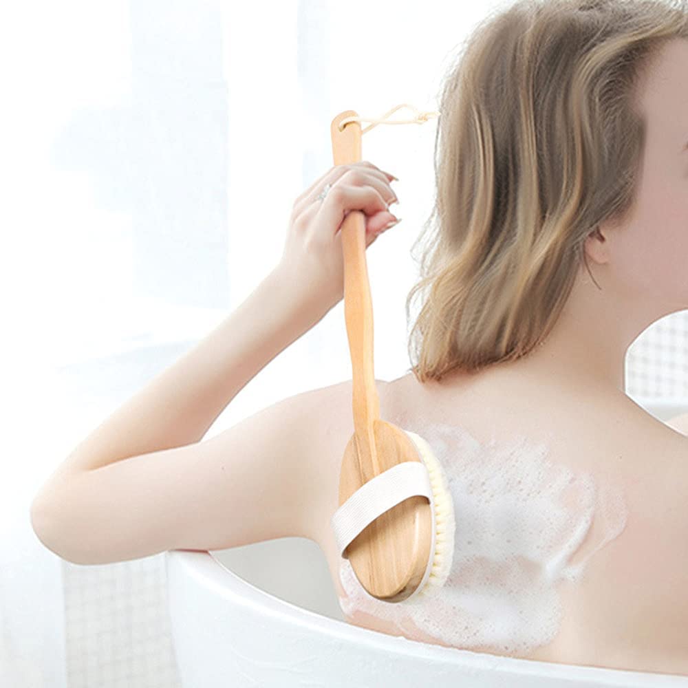 MustHome Wooden Double Sided Body Brush with Natural Bristles - Exfoliating & Dry Brushing for Shower, Back Scrubber with Detachable Long Handle - Perfect for Removing Dead Skin, Toxins & Cellulite - Ideal Beauty Gift for Women & Men (Loofah with Removable Wood Handle) - Great for Spa, Home Bath & Self Care Routine