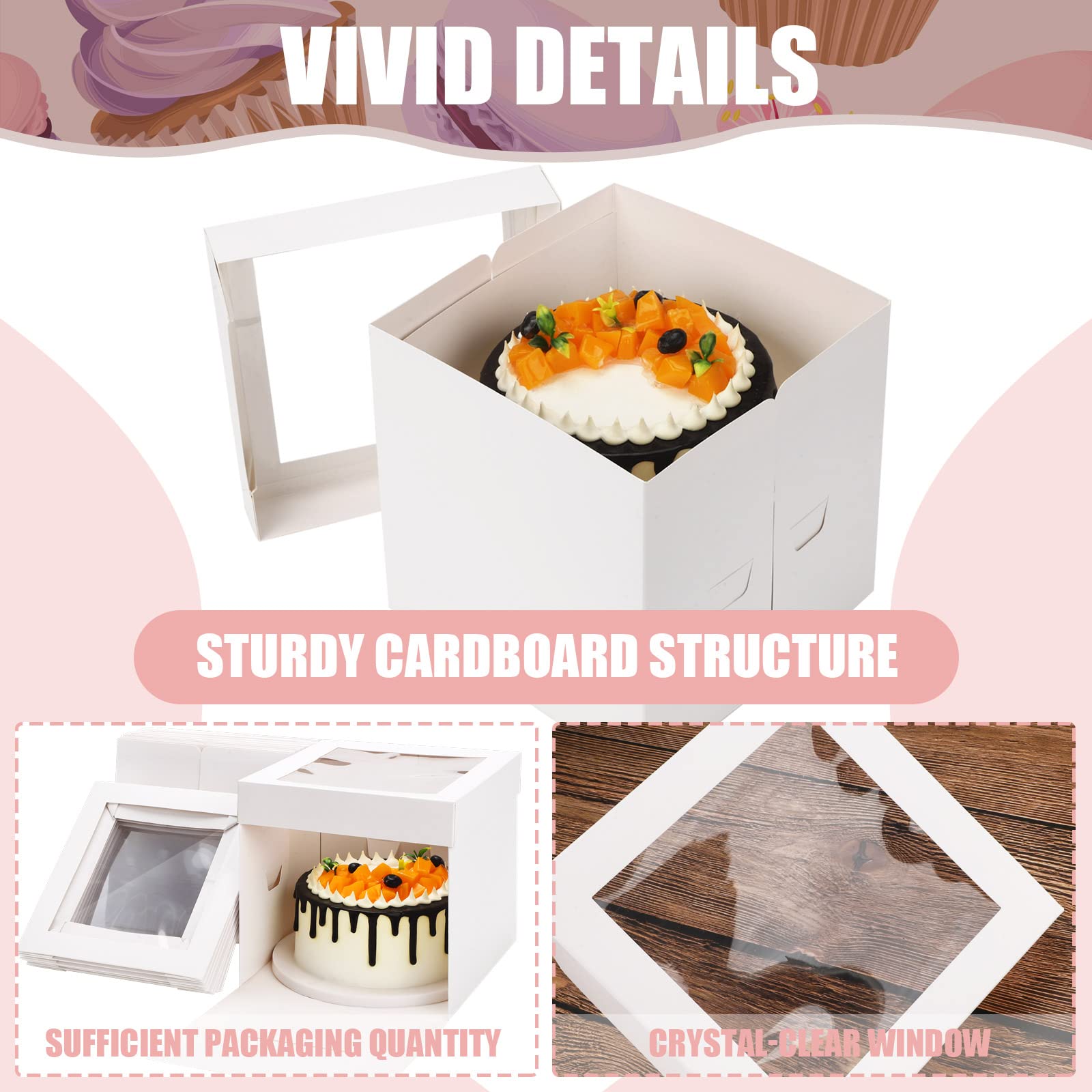 10-Pack 8x8x8 Inch Clear Window Cake Boxes - Disposable Tall Bakery Containers for Pies, Donuts, Cookies & Pastries | Perfect for Dessert Display, Party Treats & Bakery Packaging