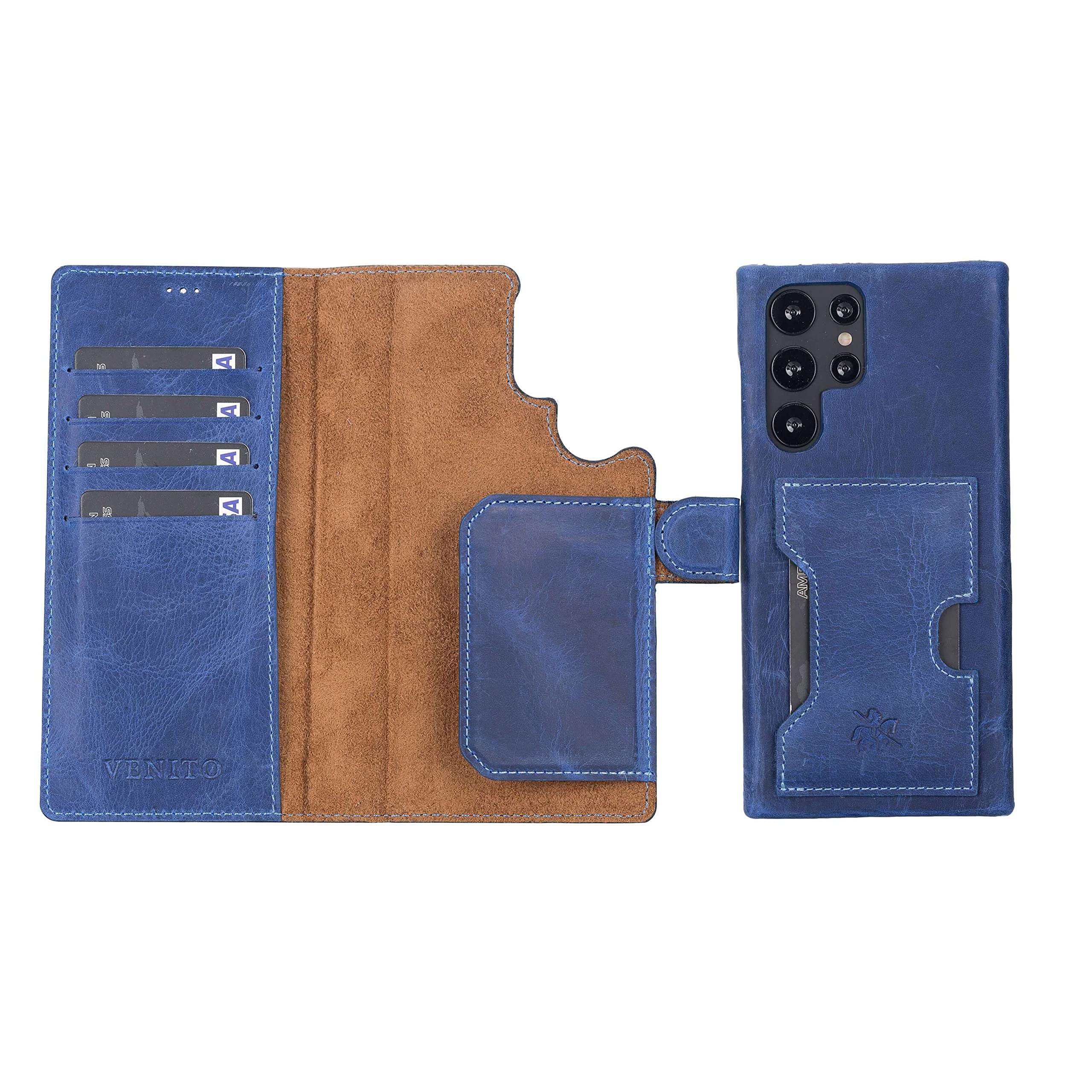 Venito Florence Genuine Leather Wallet Phone Case for Samsung Galaxy S22 Ultra - RFID Blocking Protection - Detachable Magnetic Wallet with Card Slots - Perfect for Travel, Work & Everyday Use (Antique Dark Blue)