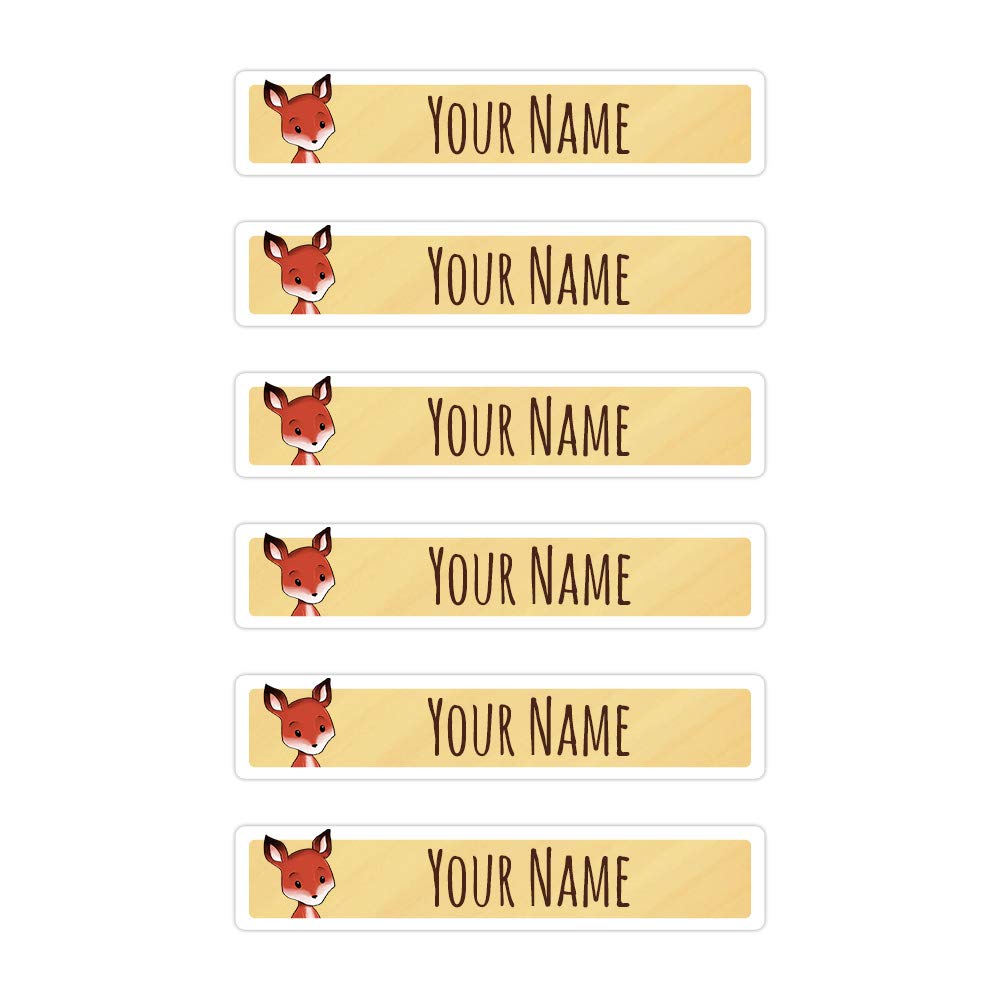 Peel & Stick Waterproof Name Labels - 80 Customizable Skinny Labels with Fox Design | Durable for Kids School Supplies, Lunch Boxes & Water Bottles