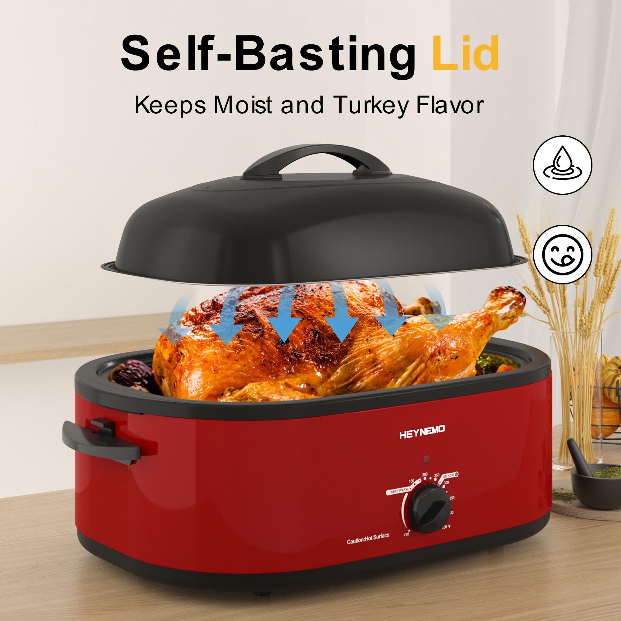 20 Quart Electric Roaster Oven with Self-Basting Lid, Turkey Roaster Oven with Removable Pan and Rack, Red – Perfect for Holiday Feasts and Large Family Gatherings
