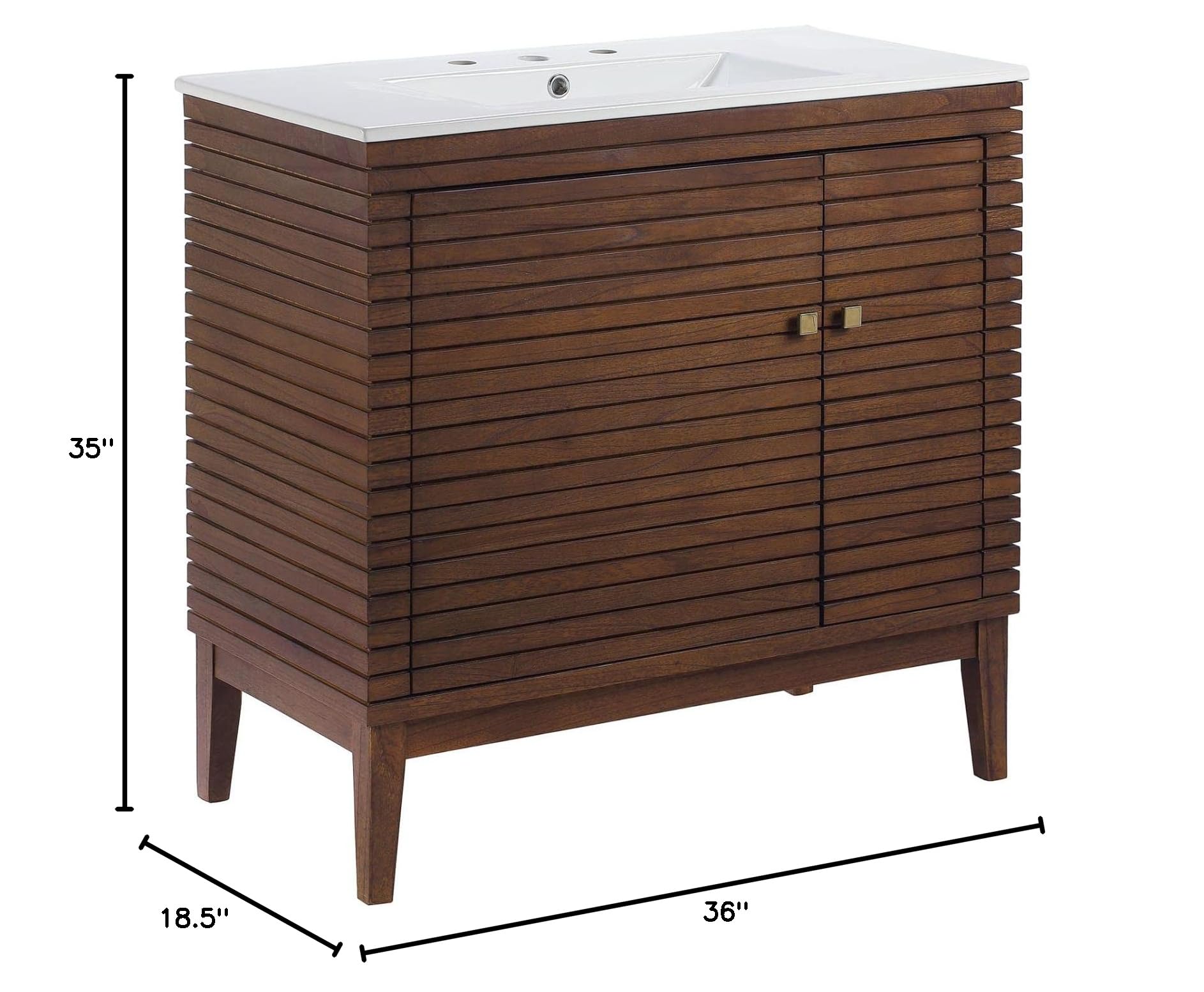 Modway Ledger 36 Inch Walnut White Wood Bathroom Vanity Cabinet with Mirror - Modern Storage for Small Bathrooms & Powder Rooms