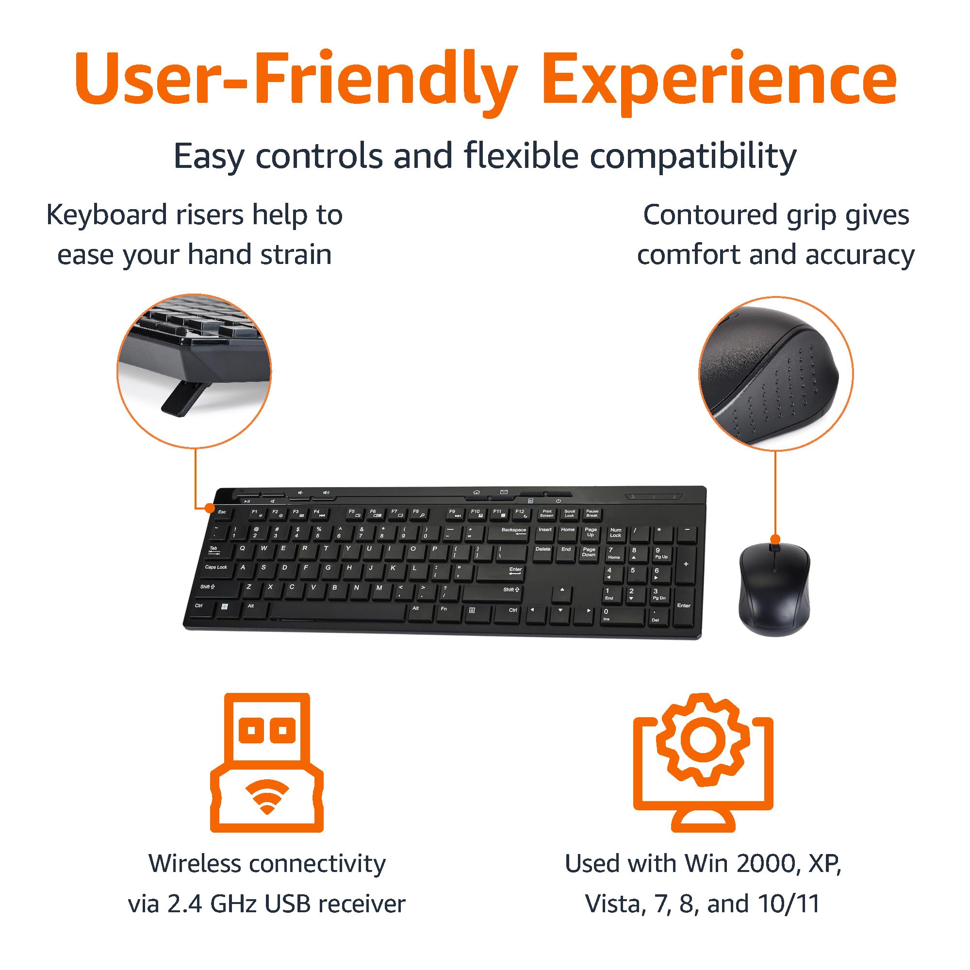 Amazon Basics Wireless Keyboard and Mouse Combo - Full-Sized Ergonomic Design, 2.4GHz USB Receiver, QWERTY Layout, Plug & Play for PC/Laptop (Black) - Perfect for Home Office, Gaming & Everyday Computing