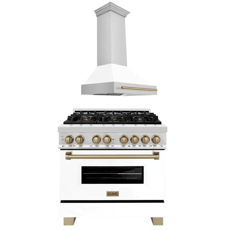 ZLINE Autograph Edition 36-inch Stainless Steel Dual Fuel Range with White Matte Door & Champagne Bronze Range Hood - Professional Kitchen Package for Home Chefs | Perfect for Gourmet Cooking & Entertaining