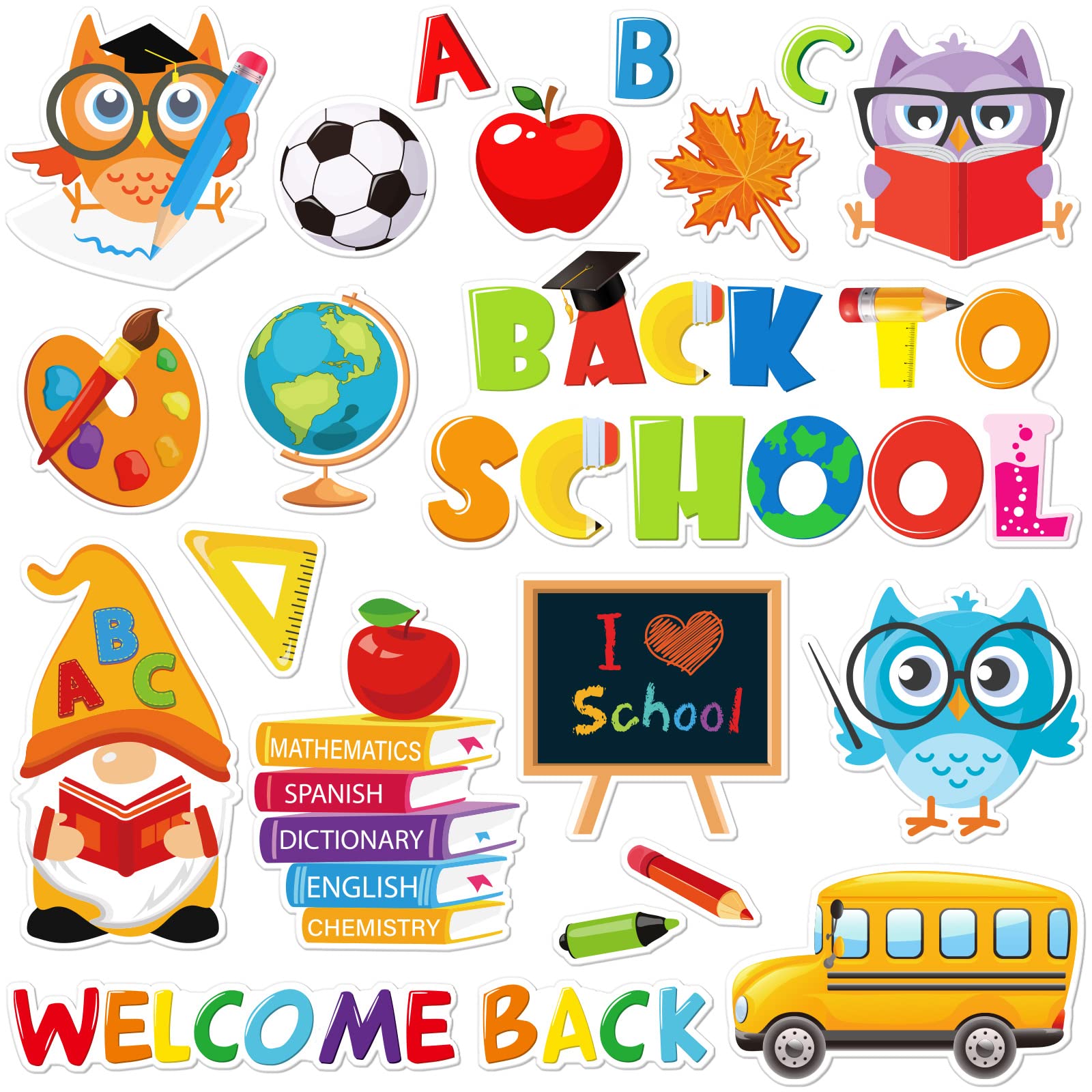 Whaline 40Pcs Back to School Gel Window Clings - Cute Gnome, Owl & School Bus Stickers for Classroom Decor, Blackboard & Wall Decoration - Perfect for Welcome Back Party, Home & School Decorations