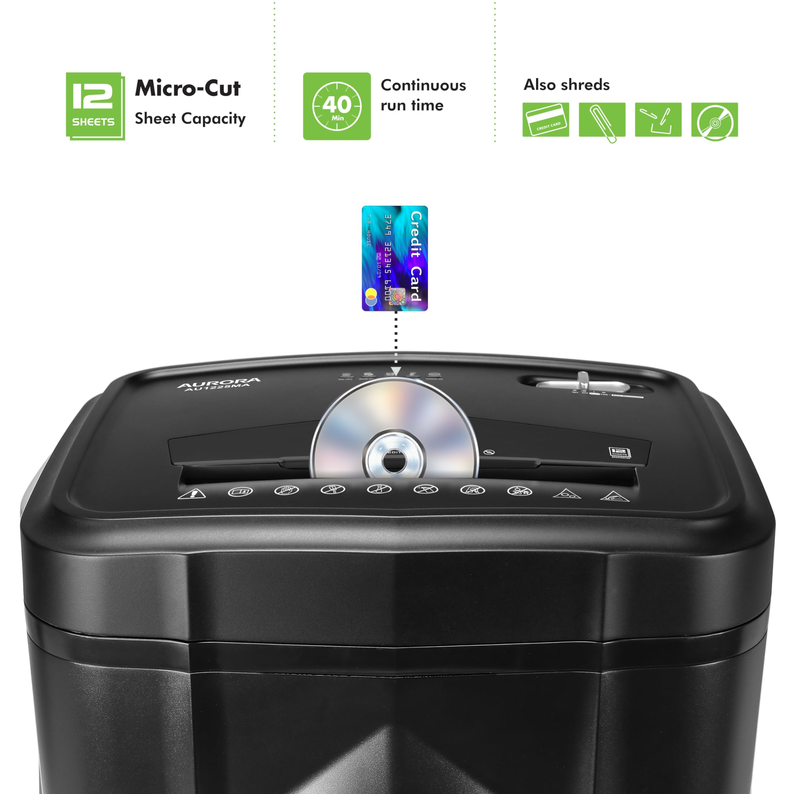 Aurora AU1225MA High-Security 12-Sheet Micro-Cut Paper Shredder with CD/Credit Card Slot - 5-Gallon Pullout Basket, 40-Minute Run Time - Perfect for Home Office & Small Business Document Security
