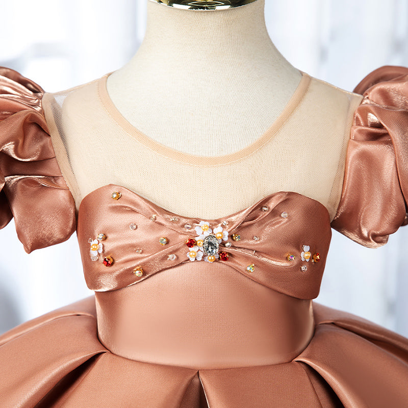 Elegant Champagne Organza Flower Girl Dress with Boat Neck & Cap Sleeves - Perfect for Weddings, Baptisms & Special Occasions