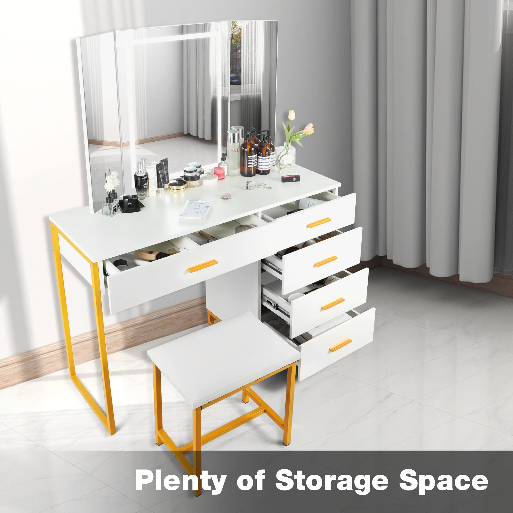 Vanity Desk with Mirror and Lights - Makeup Vanity Set with Cushioned Stool, Storage Shelves & 5 Drawers for Bedroom (White) | Perfect for Dressing Room, Beauty Salon & Home Decor
