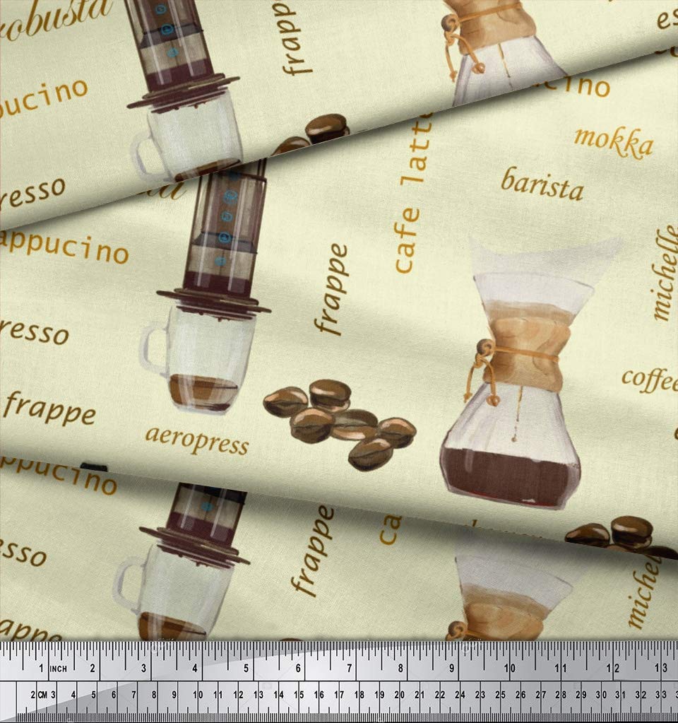Soimoi 100% Cotton Voile Fabric by The Yard - 56 Inch Wide - Yellow Printed Text & Coffee Maker Design - Lightweight & Breathable Material for DIY Dresses, Curtains, Home Decor - Perfect for Coffee Lovers & Craft Projects