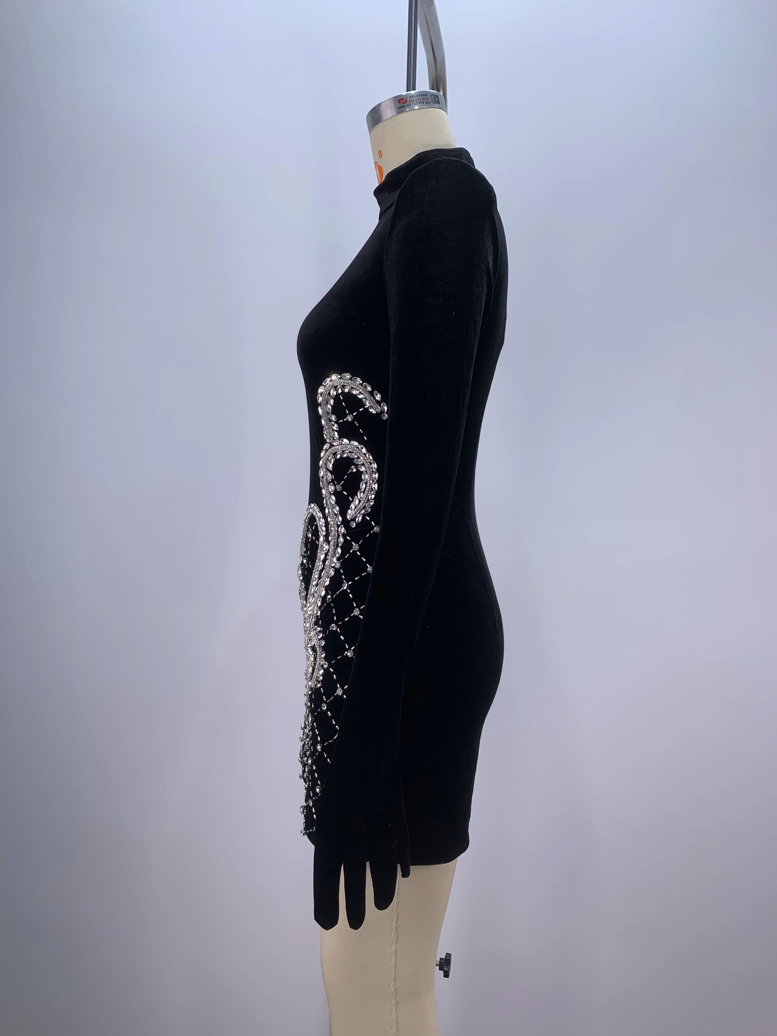2024 Women's Velvet Long Sleeve Bodycon Mini Dress with Sparkly Crystal Details - Elegant Nightclub, Cocktail Party & Evening Wear - Sexy Gloves Included for Formal Events & Special Occasions