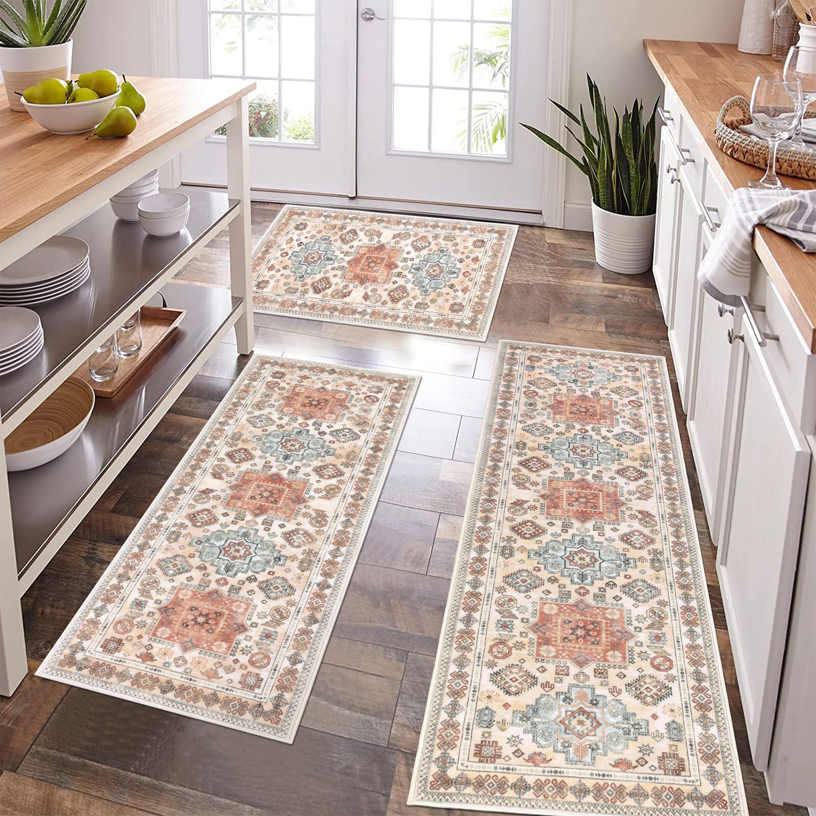 Pauwer Farmhouse Kitchen Rugs Set of 3 - Non-Slip Washable Boho Kitchen Runner Mats for Floors, Indoor Door Entrance & Laundry Room - Thick Absorbent Floor Carpet for Cozy Home Decor | Perfect for Farmhouse, Cottage & Vintage Style Kitchens