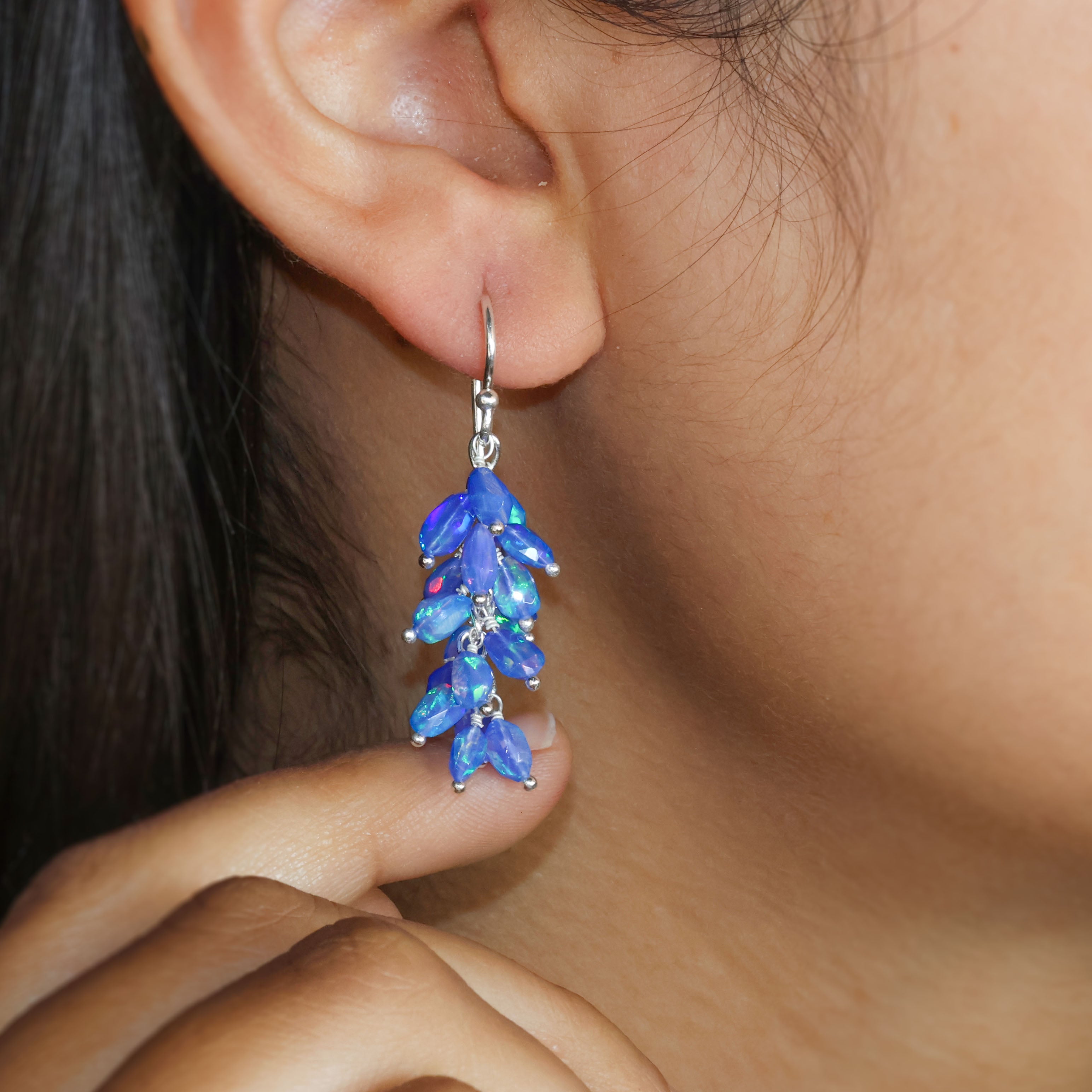 Natural Blue Opal Faceted Tumble Beaded Cluster Earrings for Women | Boho Chic Jewelry | Perfect for Weddings, Parties & Everyday Wear