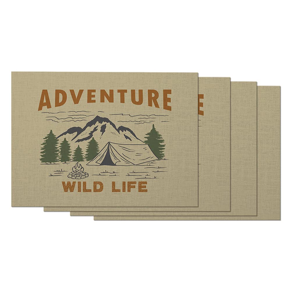 AOYEGO 4-Pack Adventure Wildlife Placemats - 12x18 Inch Cotton Linen Table Mats for Dining, Camping & Outdoor Exploration - Mountain Forest Tent Themed Home Decor for Kitchen, Picnic & RV Trips