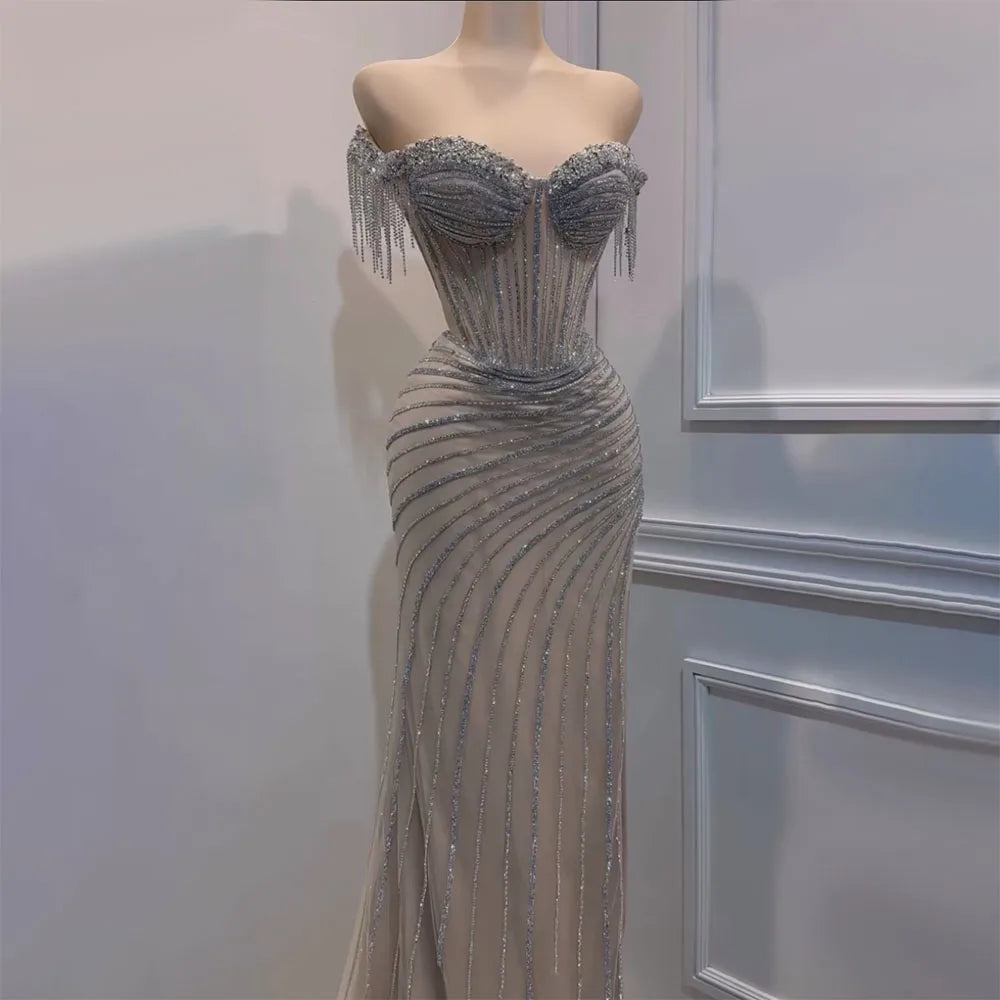 Elegant Silver Beaded Tassel Mermaid Evening Gown with Boat Neck & High Slit - Perfect for Prom, Gala & Formal Events - LA72391