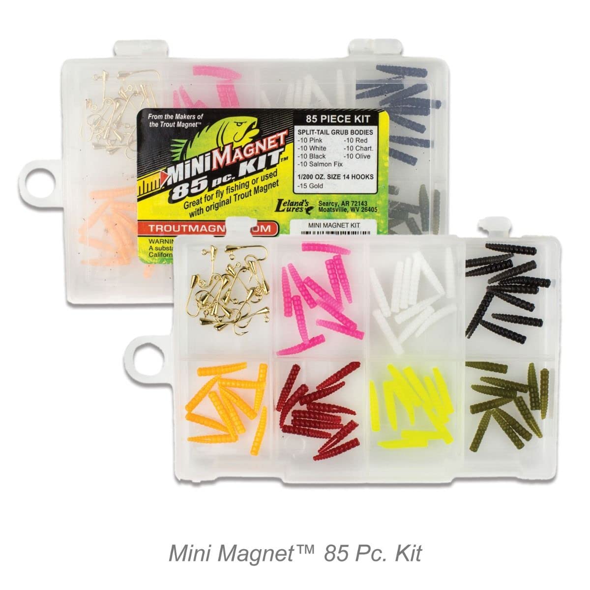 Leland's Lures Trout Magnet 85 Piece Mini Magnet Kit - 70 Grub Bodies & 15 Size 14 Hooks for Fly Fishing | Catches Trout, Bass & Panfish | Perfect for Streams, Rivers & Lakes