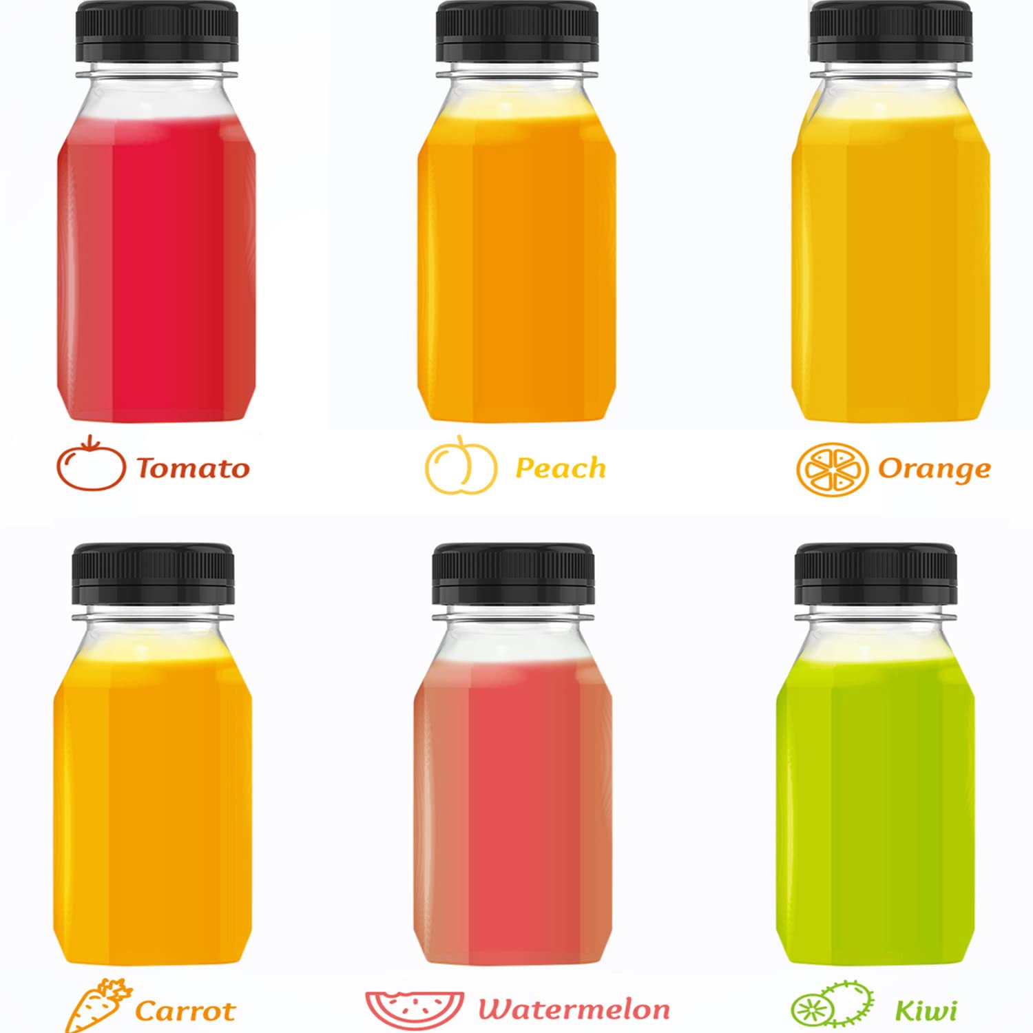 5 Pack 8 oz Plastic Juice Bottles with Black Lids - Reusable Drink Containers for Juice, Smoothies, Milk & Homemade Beverages (250ml) - Perfect for Meal Prep, Party Favors & On-the-Go Drinks