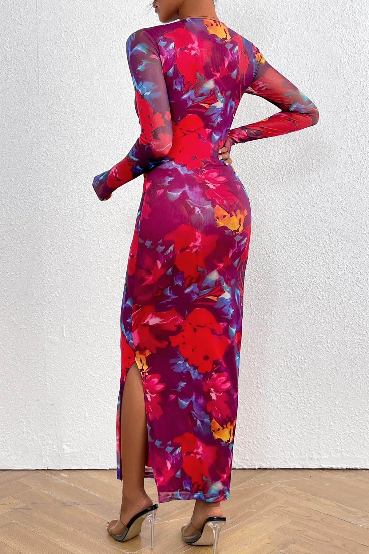 CFLONGE Women's Floral Print Long Sleeve Bodycon Dress - Ruched Cocktail Party & Wedding Guest Maxi Dress - Perfect for Evening Events, Date Nights & Special Occasions