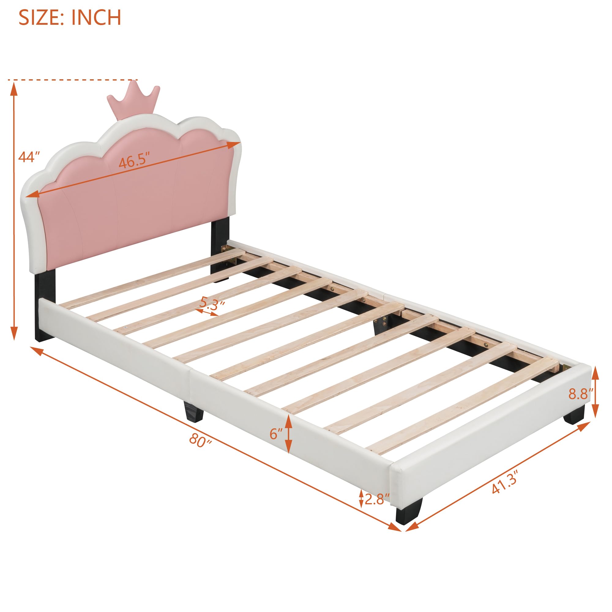 Twin Size Upholstered Princess Bed with Crown Headboard - Pink Bed Frame for Girls | Elegant Kids Room Furniture for Princess-Themed Bedrooms & Sleepovers
