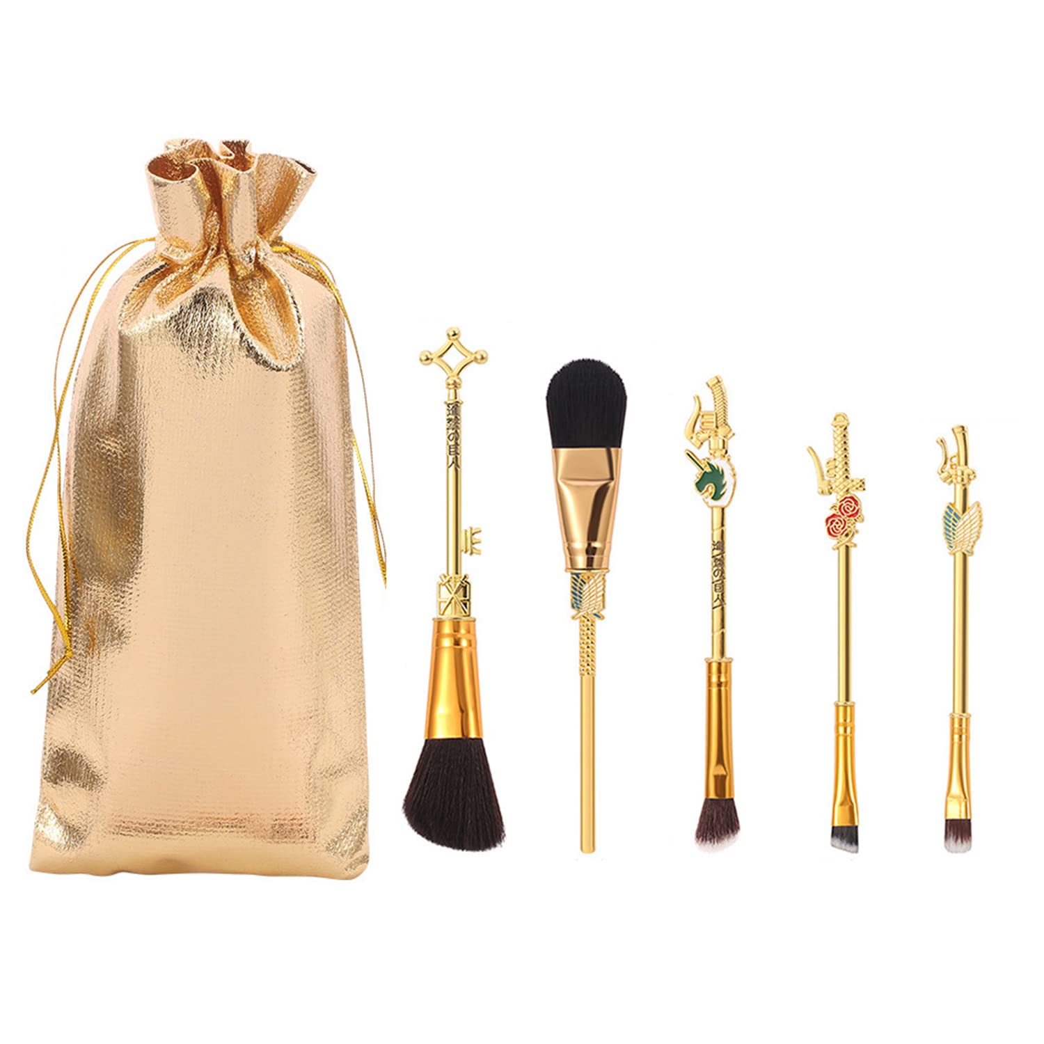 LEADALL Attack on Titan Anime Makeup Brush Set - 5Pcs Cosmetic Brushes Kit with Metal Handle & Drawstring Bag | Perfect for Anime Fans, Cosplay, and Everyday Makeup Application