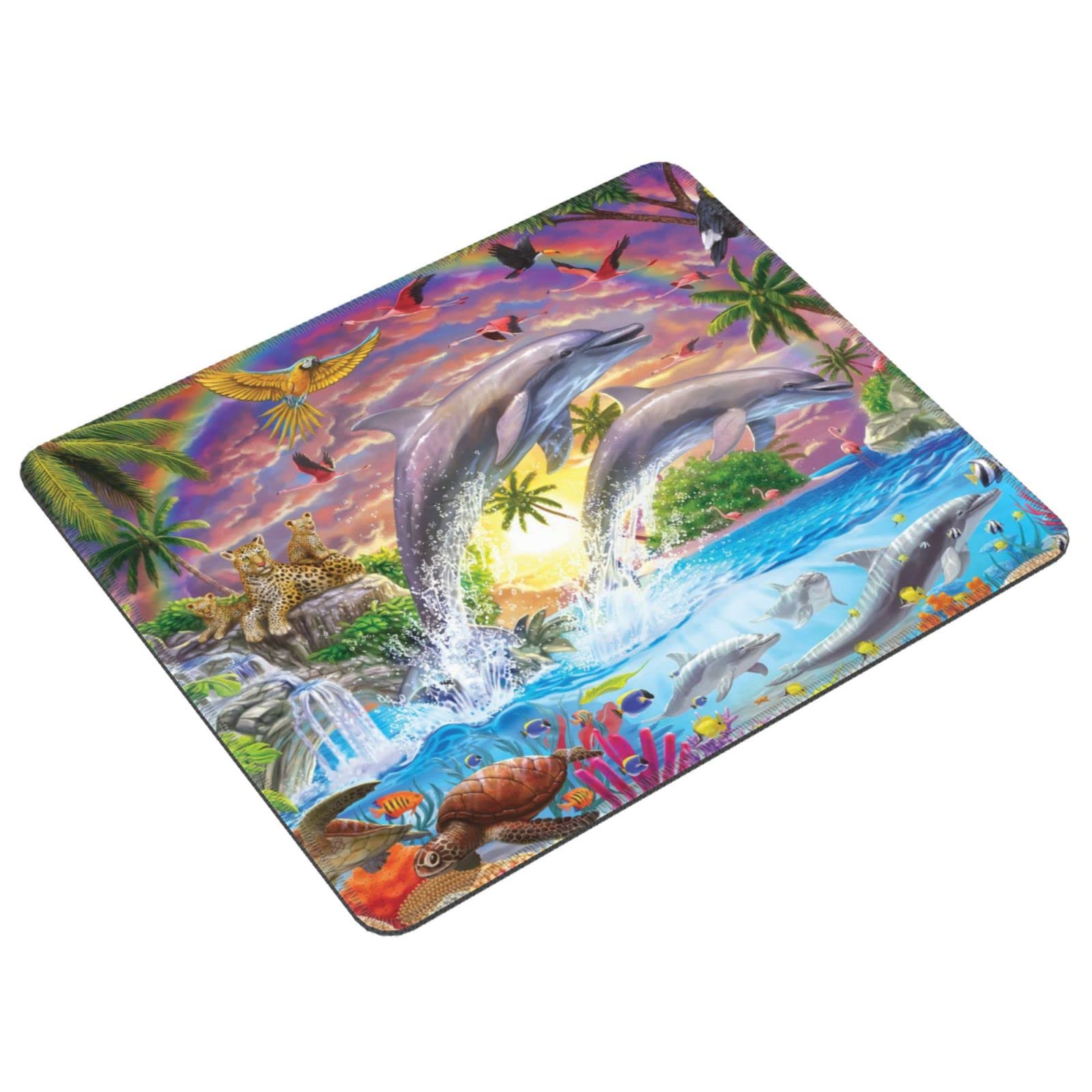 Colorful Dolphin Rainbow Mouse Pad with Non-Slip Rubber Base & Stitched Edges - 7.9