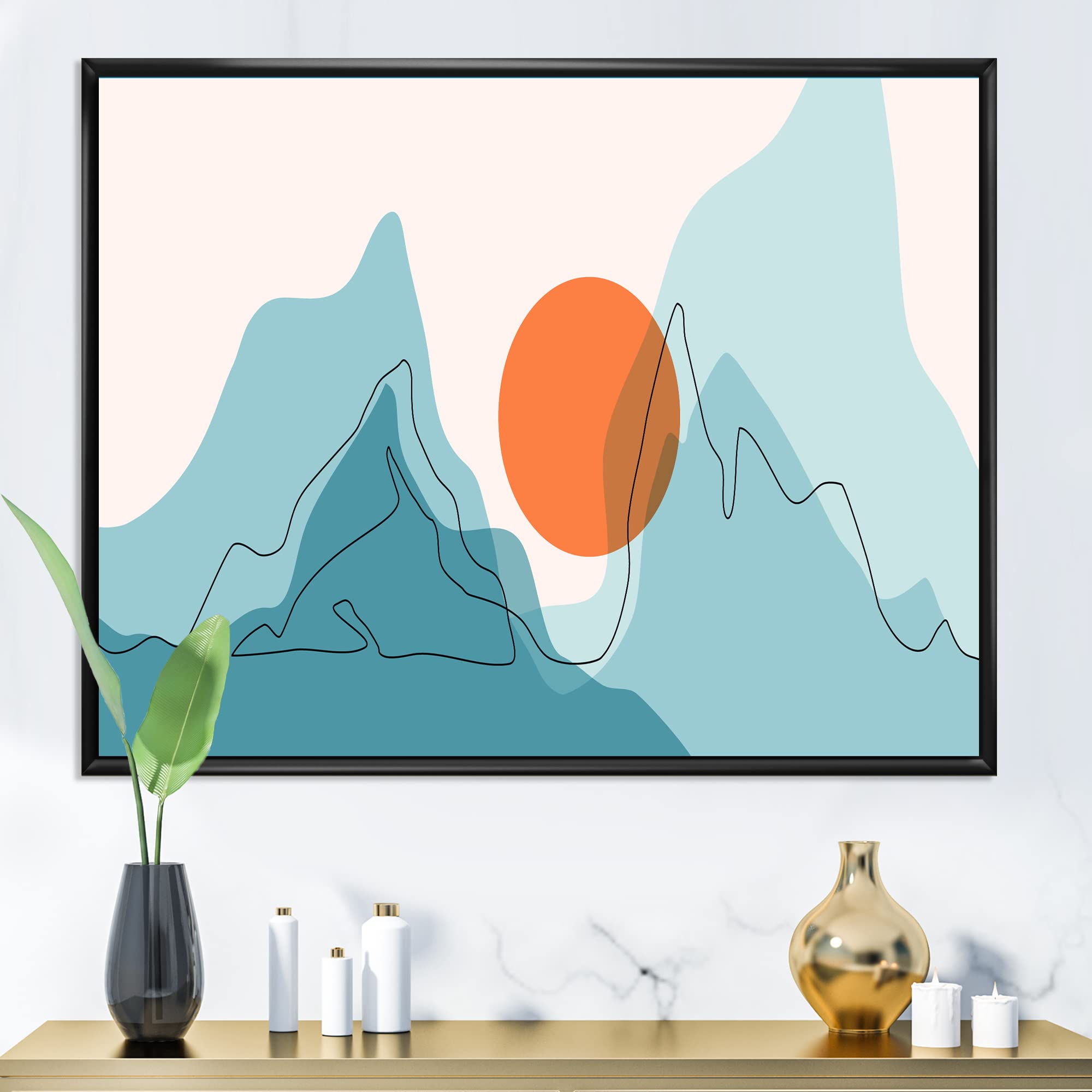 DesignQ Red Moon Over Abstract Blue Mountains I - Modern Framed Canvas Wall Art Print for Living Room, Bedroom & Office Decor