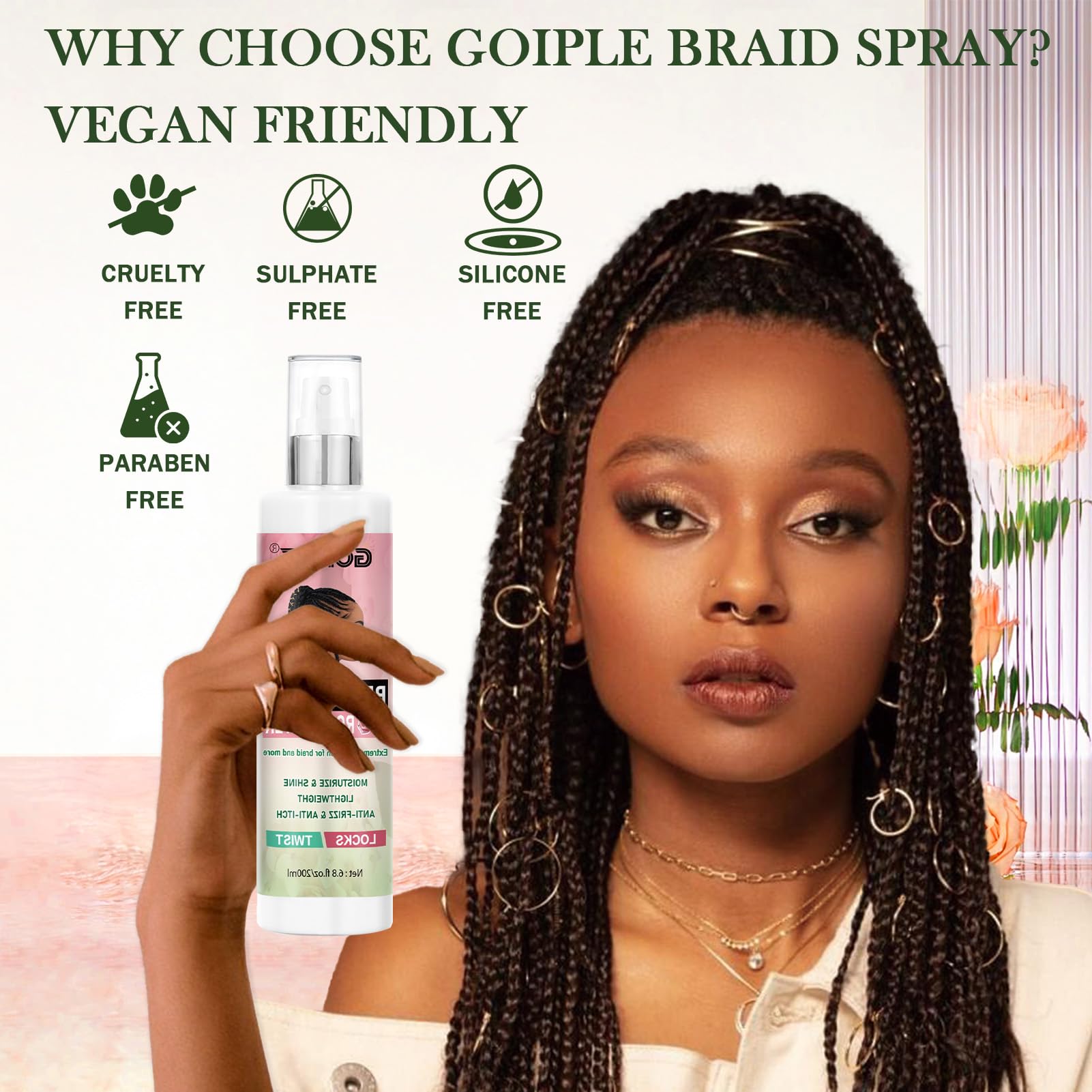 Organic Rose Mint Braid Spray (6.8 fl oz) - Dreadlock Moisturizer for Itchy Scalp, Adds Shine & Hydration - Lightweight Formula for Dreads, Twists, Cornrows & Box Braids - Perfect for Daily Hair Care & Protective Styling