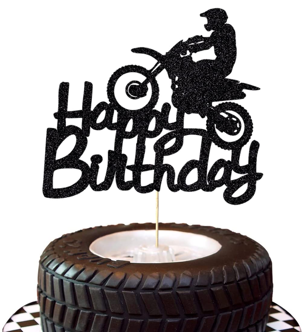 Qerleny Black Flash Happy Birthday Cake Topper - Motocross Sports Theme Party Decoration for Birthday Cakes | Perfect for Motorcycle Lovers & Biker Themed Celebrations