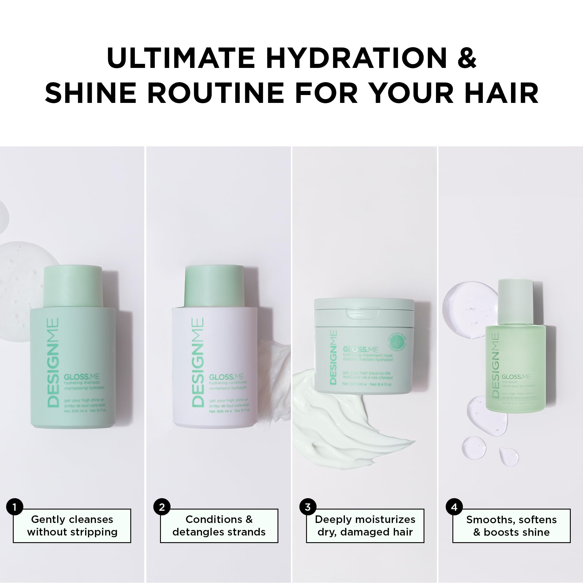 DESIGNME GLOSS.ME Hydrating & Shine Hair Care System - Sulfate Free Shampoo, Conditioner for Dry Hair, Hair Serum & Mask with Hemp & Argan Oil - Strengthens, Softens & Adds Shine - Perfect for Damaged, Frizzy or Color-Treated Hair - Salon Quality Treatment at Home
