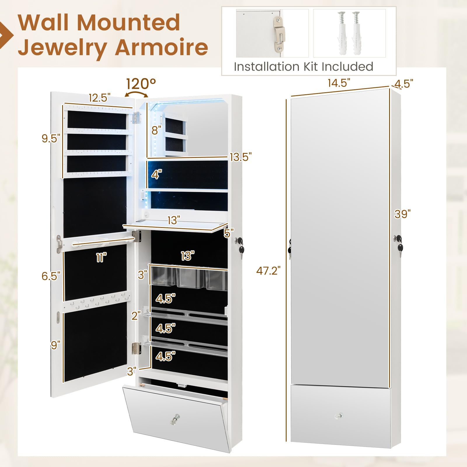 Charmaid Wall Mounted Jewelry Cabinet with Full Length Mirror - 47.2