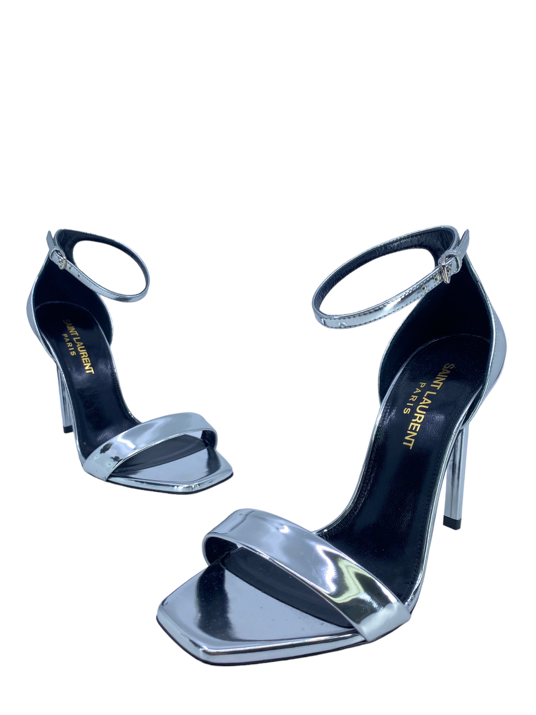 Saint Laurent Silver Open Toe Sandals for Women Size 5 - Luxury High Heel Dress Sandals for Parties, Weddings & Evening Events