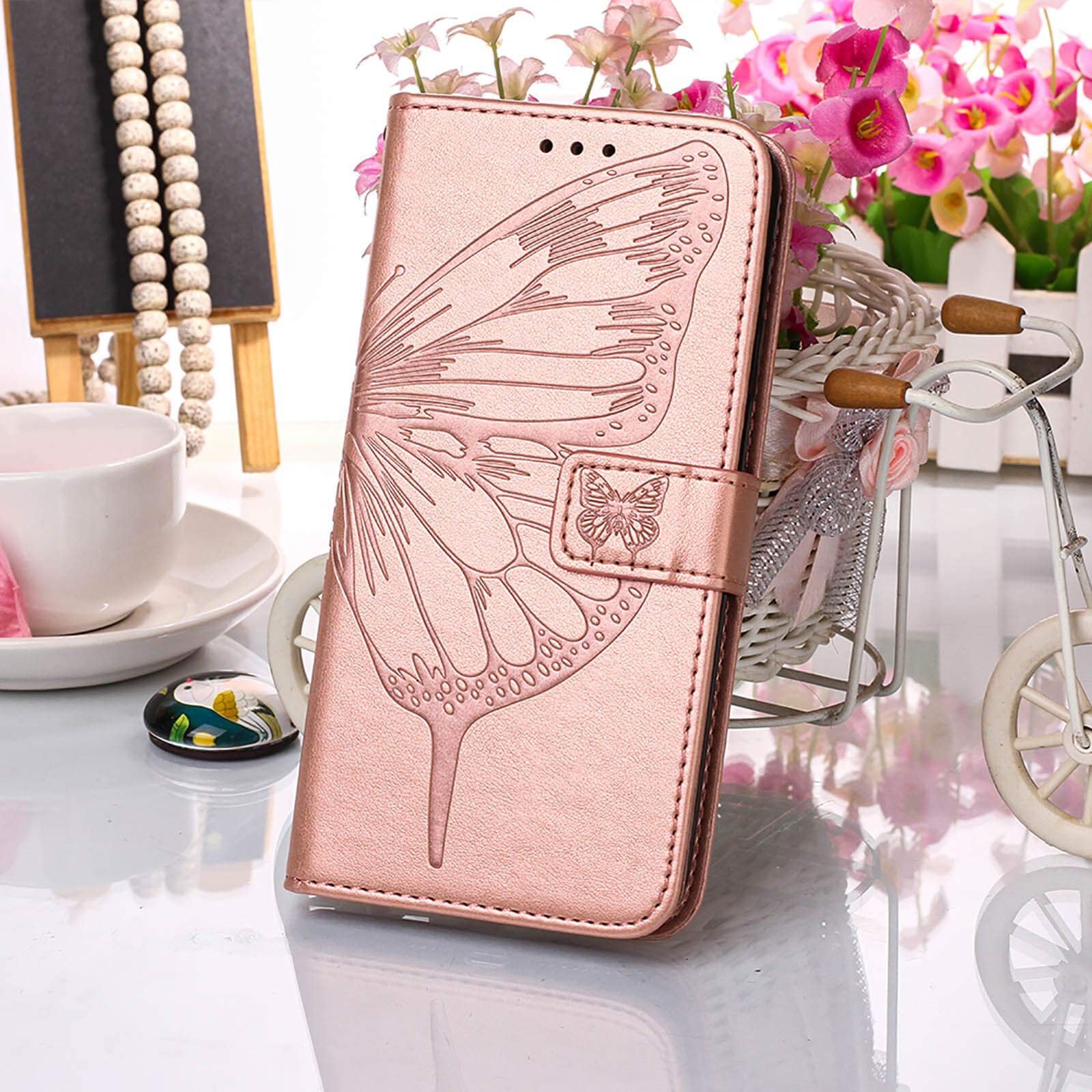 Premium Leather Wallet Phone Case for Moto G Power 2021 - Floral Embossed Butterfly Design with Wrist Strap, Card Holder & Kickstand (Rose Gold) | Protective Flip Cover for Everyday Use & Travel
