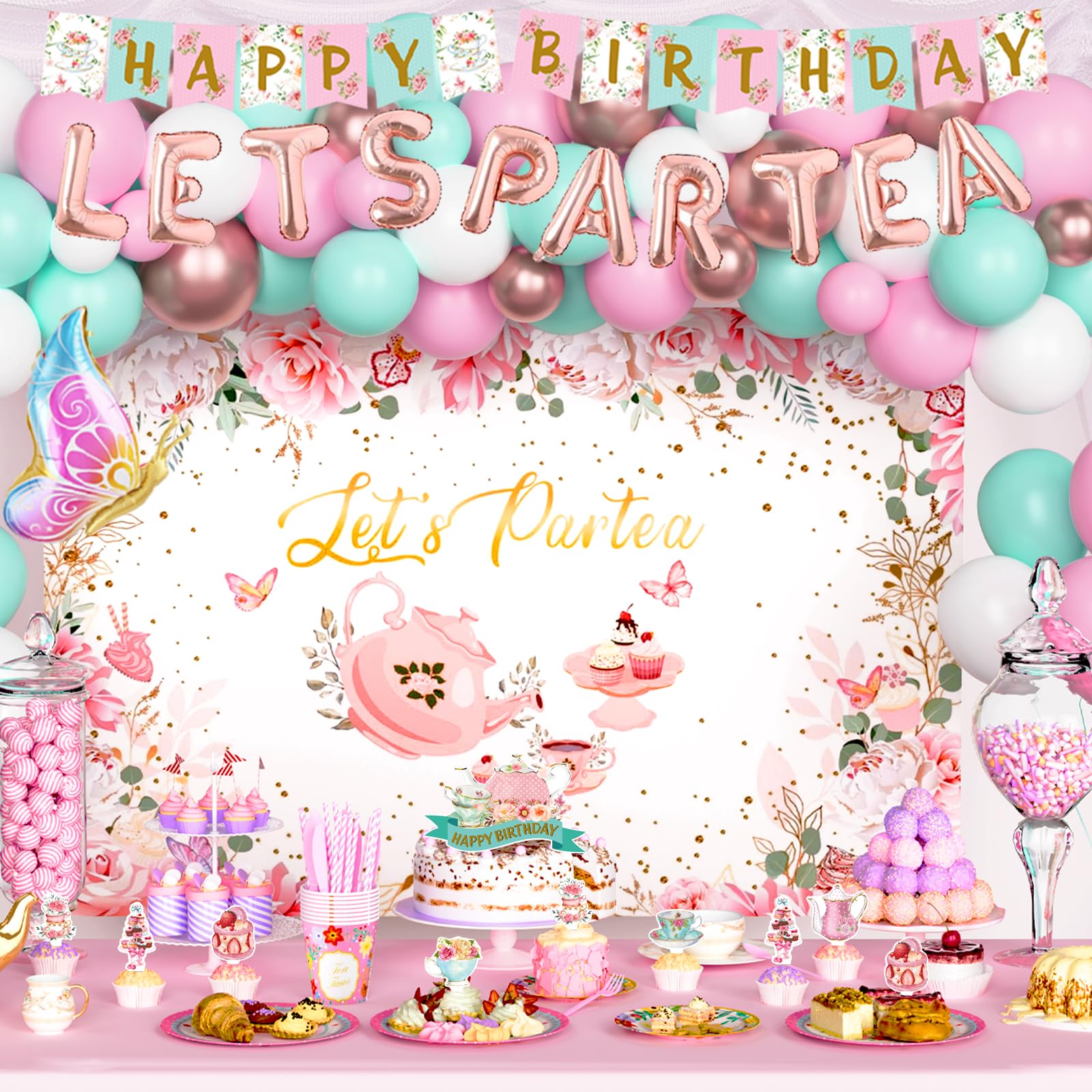 Elegant Tea Party Decorations Set - Teapot Floral Backdrop, Balloon Banner, Tablecloth, Plates, Napkins, Cups, Straws, Cutlery (Forks, Knives, Spoons) - Perfect for Birthday, Baby Shower & Bridal Tea Party Decor