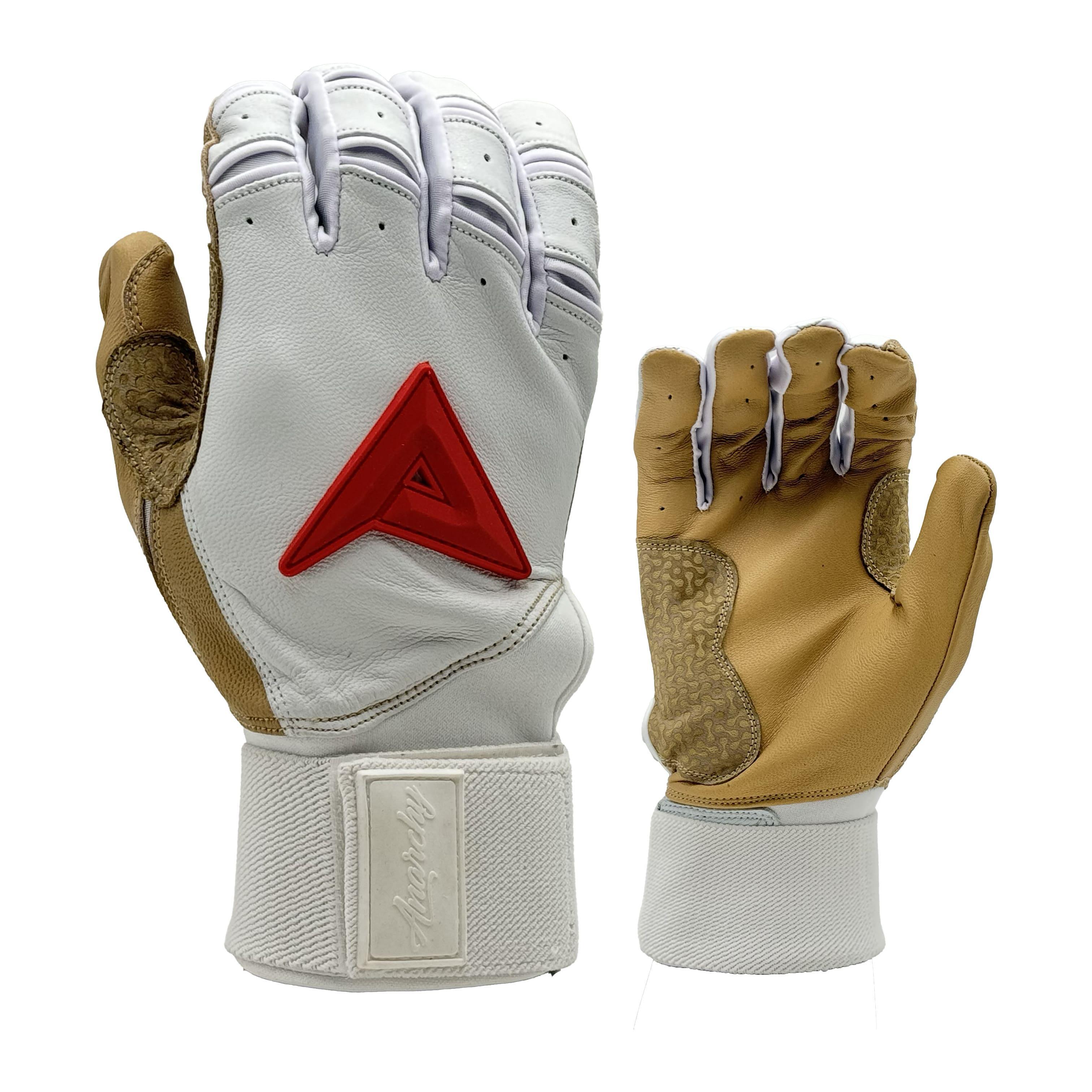 Anarchy Grindstone Long Cuff Batting Gloves for Baseball & Softball - White/Tan/Red - Durable Grip & Wrist Support for Training & Games