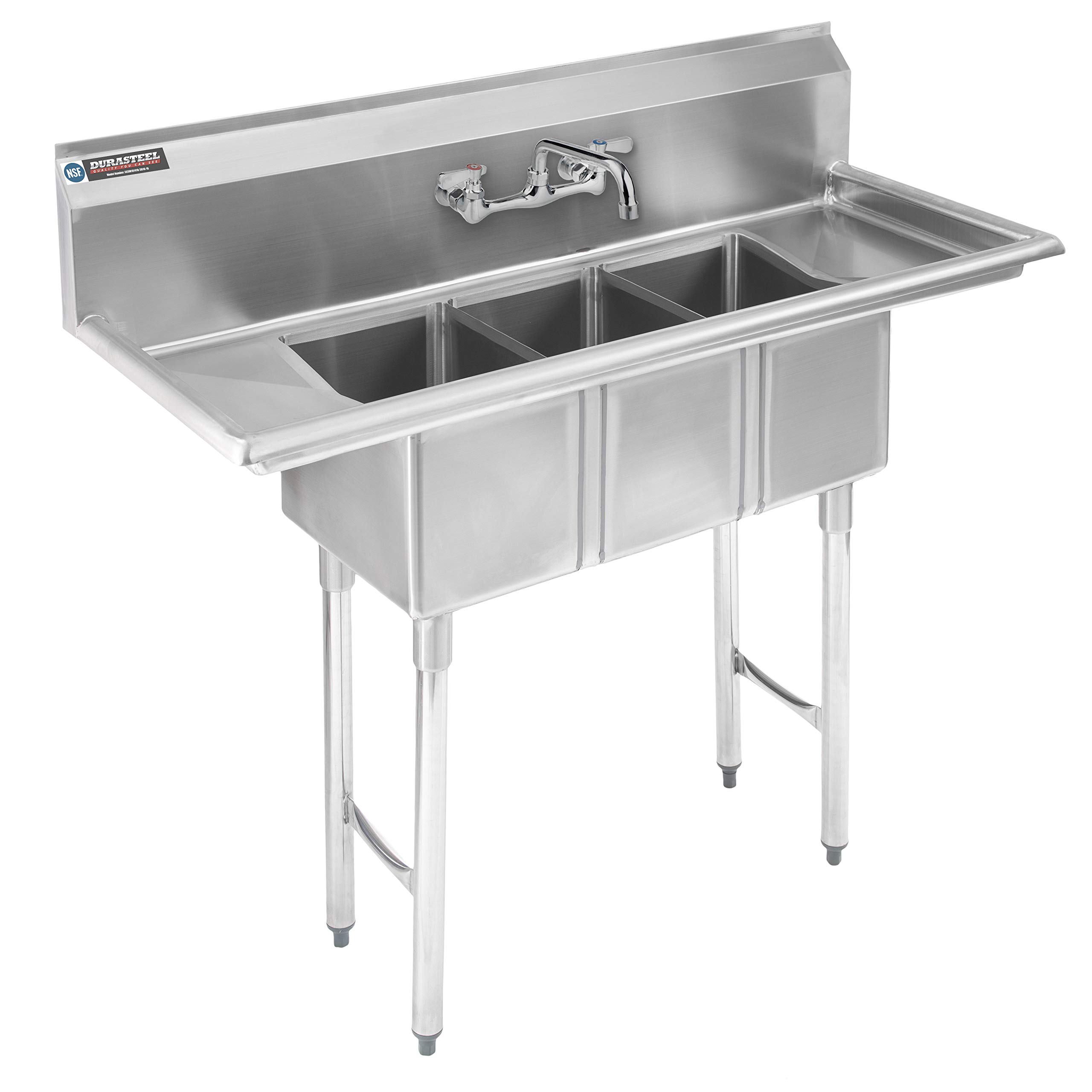 DuraSteel NSF Certified Commercial Stainless Steel Triple Bowl Kitchen Sink with Faucet - 15