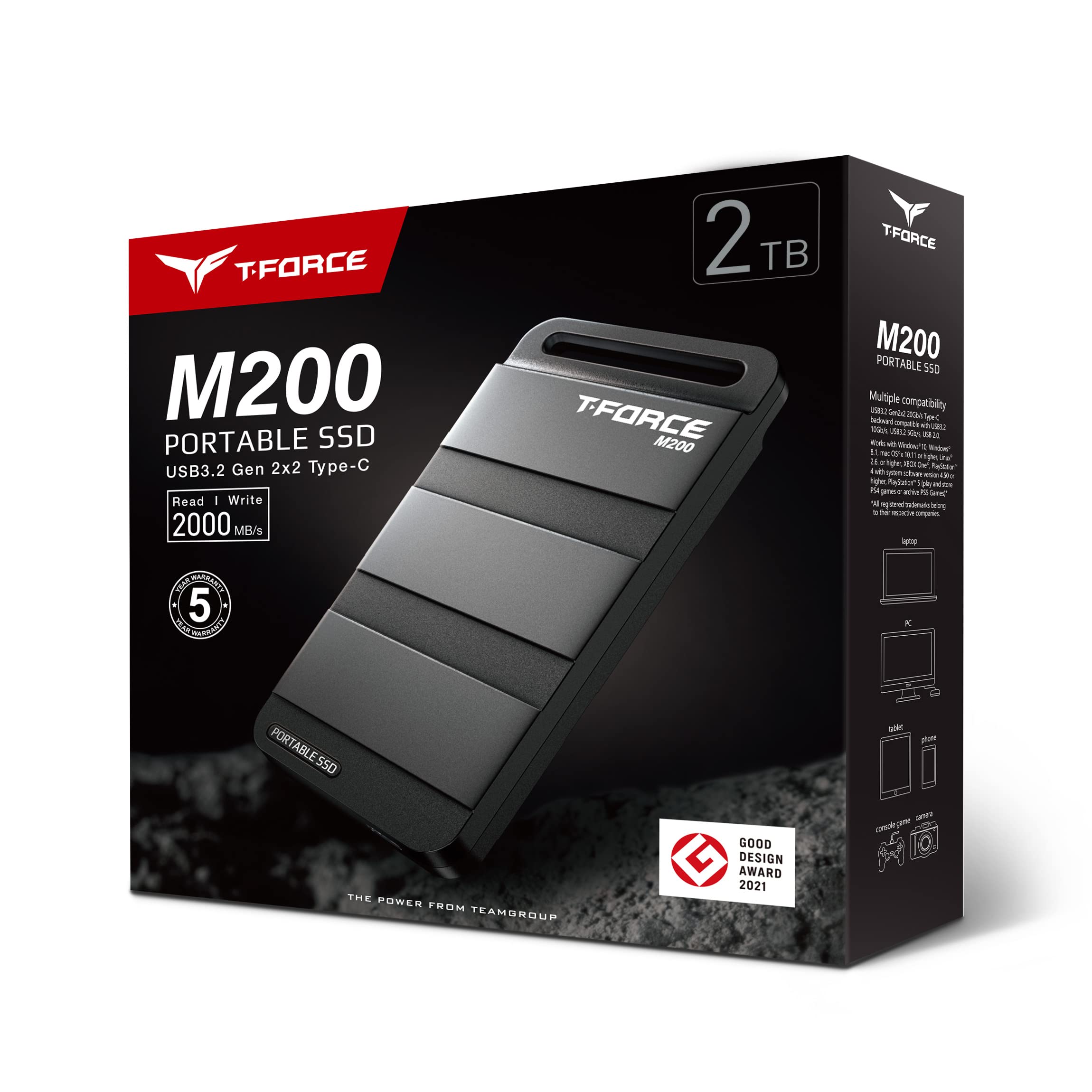 TEAMGROUP M200 2TB Portable External SSD - USB 3.2 Gen 2 Type-C, Up to 1050MB/s, Compact & Lightweight for Gaming, Photography, Video Editing & Data Backup