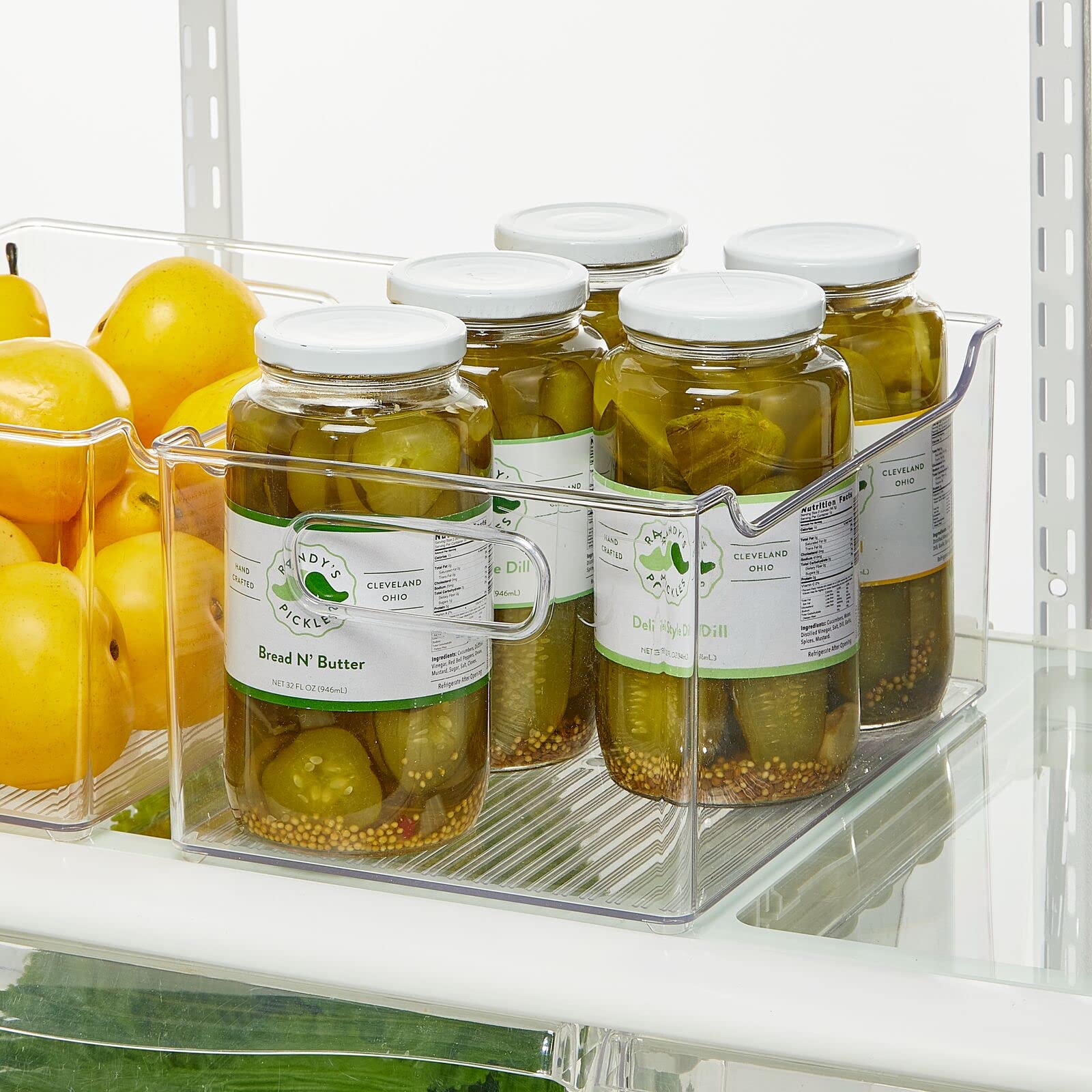 mDesign Clear Plastic Storage Bins with Handles - 4 Pack Kitchen & Pantry Organizer for Fruits, Vegetables, Snacks, Drinks - Perfect for Cabinet, Shelf, Fridge & Freezer Organization